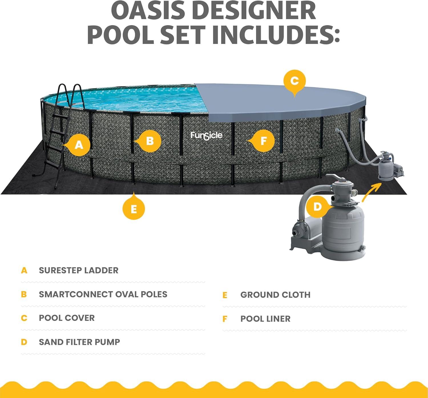 Funsicle 24 Feet by 52 Inches Oasis Designer Round Frame Above Ground Swimming Pool with SkimmerPlus Filter Pump and Cover, Dark Herringbone Pattern