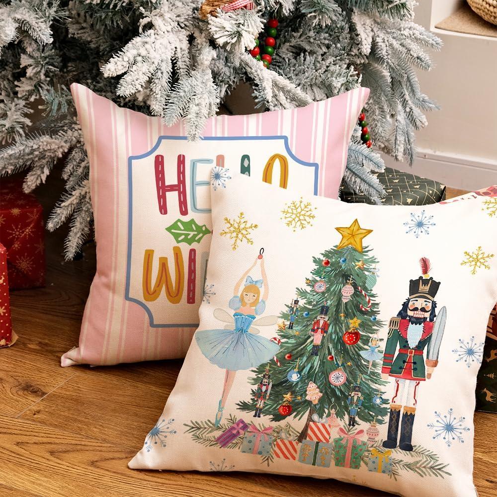 Pink Christmas Pillow Covers 18 x 18 Inch Set of 4 Striped Christmas Decorations Pink Christmas Tree Santa Claus Farmhouse Holiday Hello Winter Let it Snow Throw Pillows Cushion Case for Sofa Couch