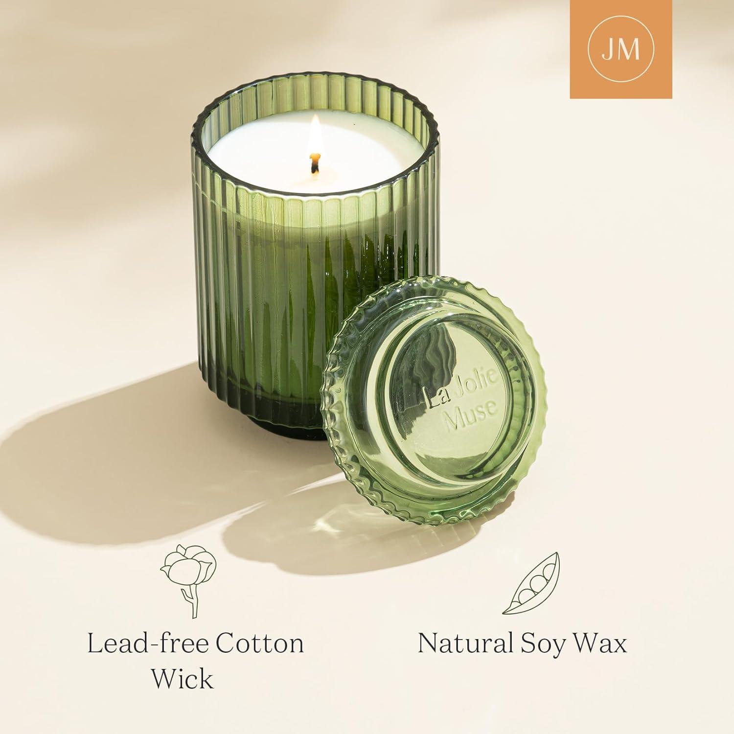 Pomegranate & Pine Green Ribbed Glass Soy Candle, 11oz