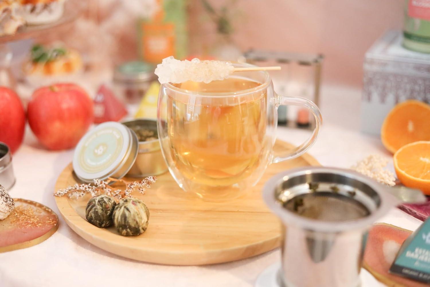 Teabloom Stay-Hot Heatproof Glass Mug with Loose Tea Infuser and Lid – 15 oz /430 mL – 2 Blooming Teas Included