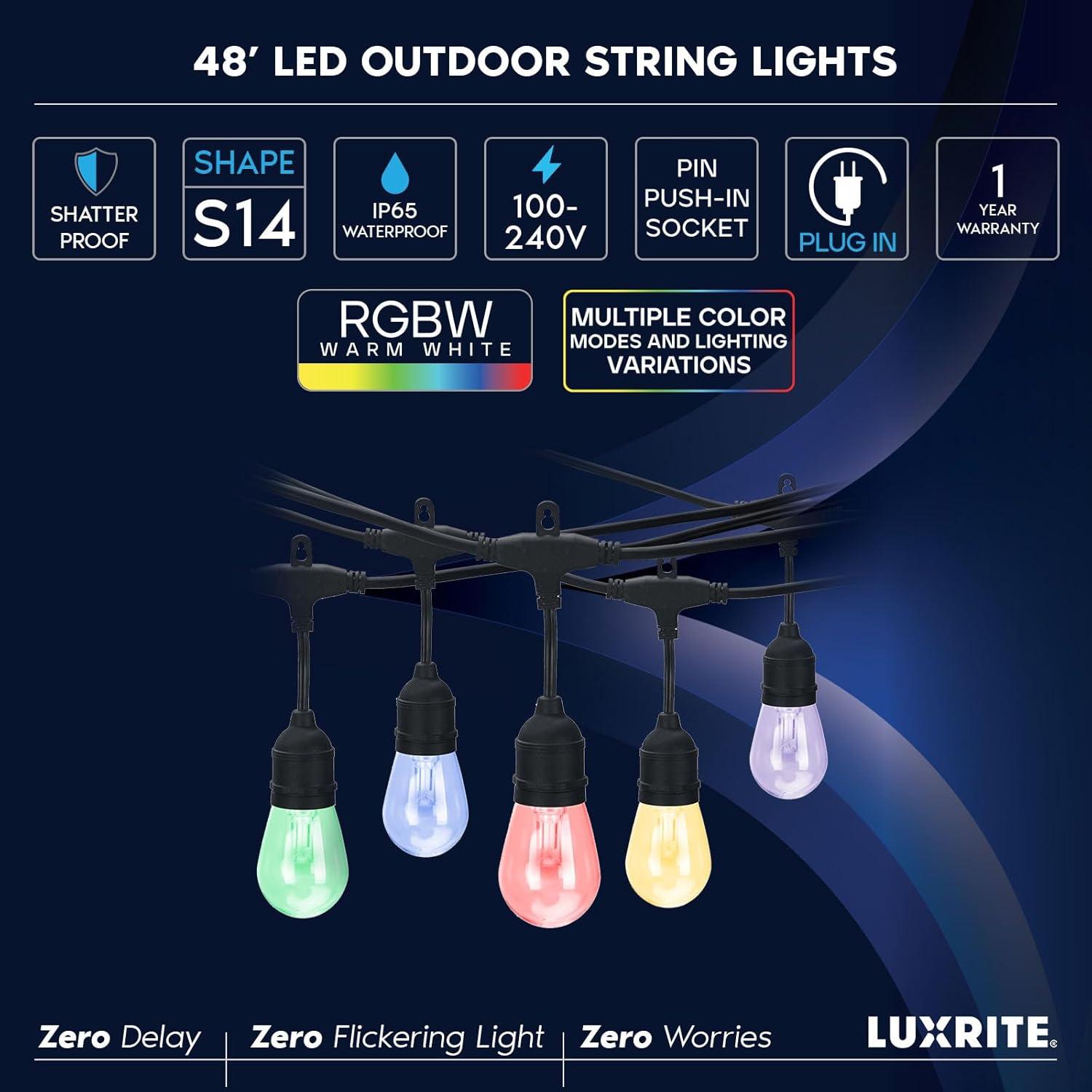 Luxrite 48FT LED RGBW Outdoor String Lights, Remote Control Color Changing Cafe Lights, Commercial Grade Waterproof, 24 Edison S14 Shatterproof Bulbs, IP65, Dimmable Outside Hanging Lights for Patio