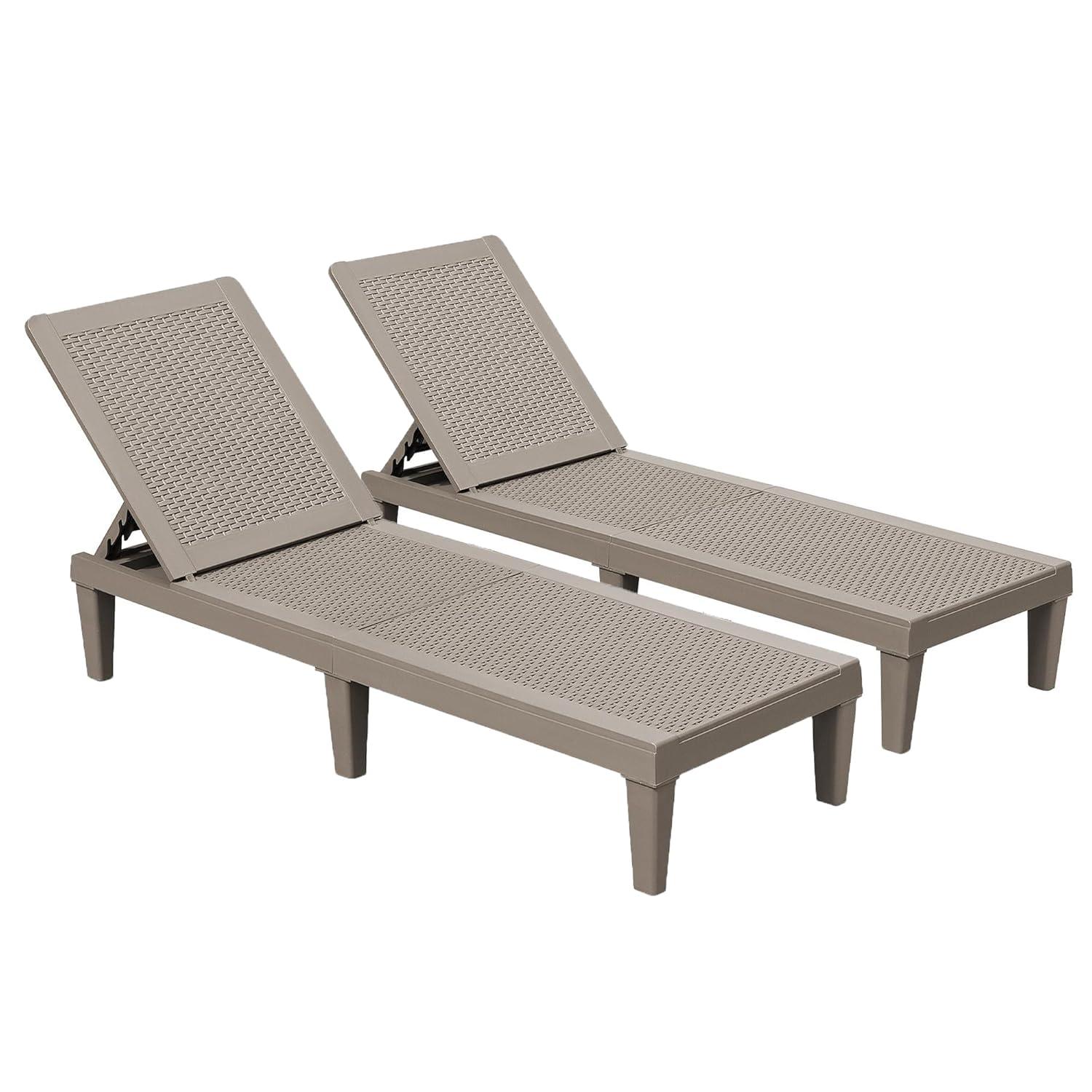 JUMMICO Patio Chaise Lounge Chair Set of 2 Outdoor PE Waterproof Adjustable Easy Assembly Lounge Chairs for Outside Pool Garden Deck Beach (Light Brown, Set of 2)