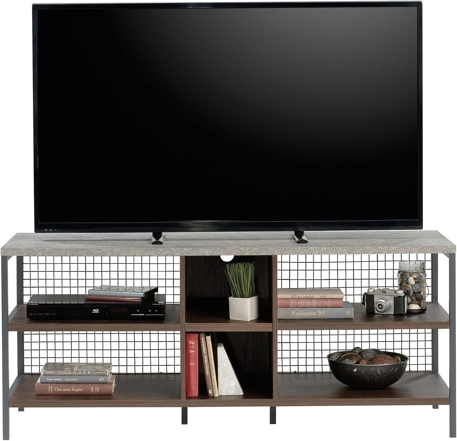 Sauder Market Commons TV Stand for TVs up to 60" Walnut: Mid-Century Modern, Metal Frame, Laminate Surface