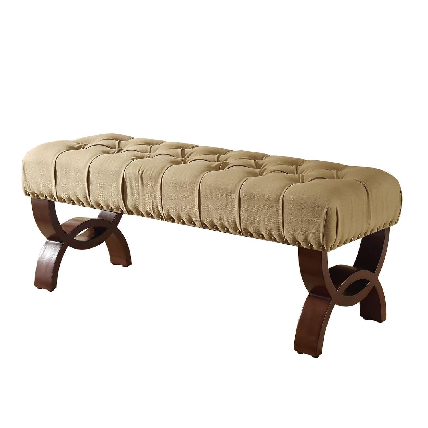 Carolina Tufted Bench with Nailhead Trim Cream - HomePop: Upholstered Ottoman for Bedroom, Indoor Furniture