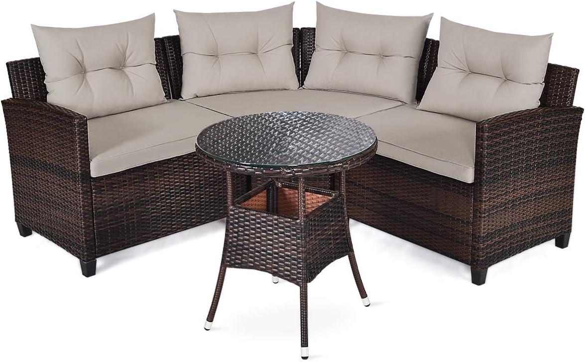 Patiojoy 4PCS Outdoor Patio Conversation Set Wicker Rattan Sectional Sofa