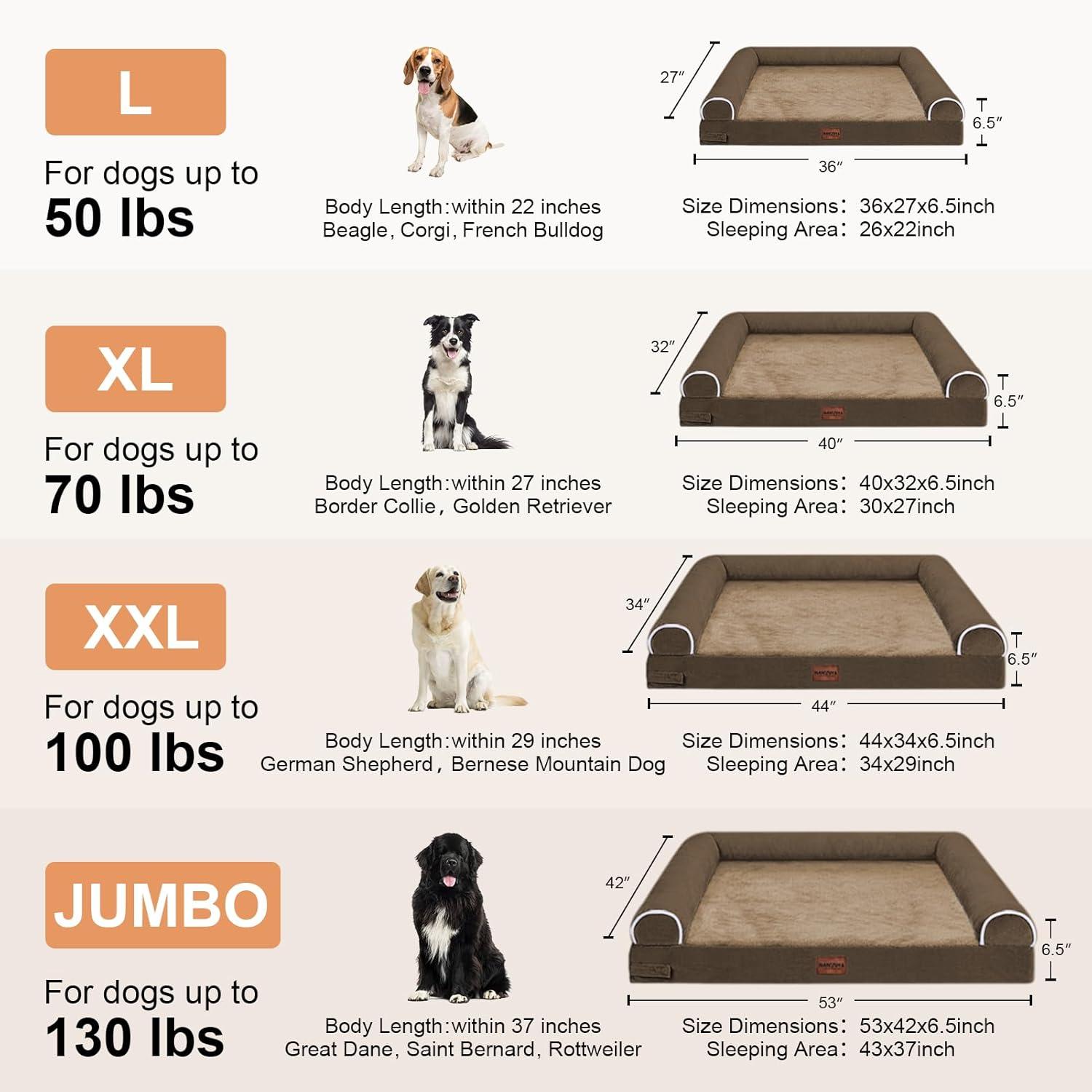 Large Dog Bed Orthopedic Washable: Beds Bolster XL Bed Big XLarge Dogs Memory Foam Sofa Couch Waterproof Removable Cover - Brown