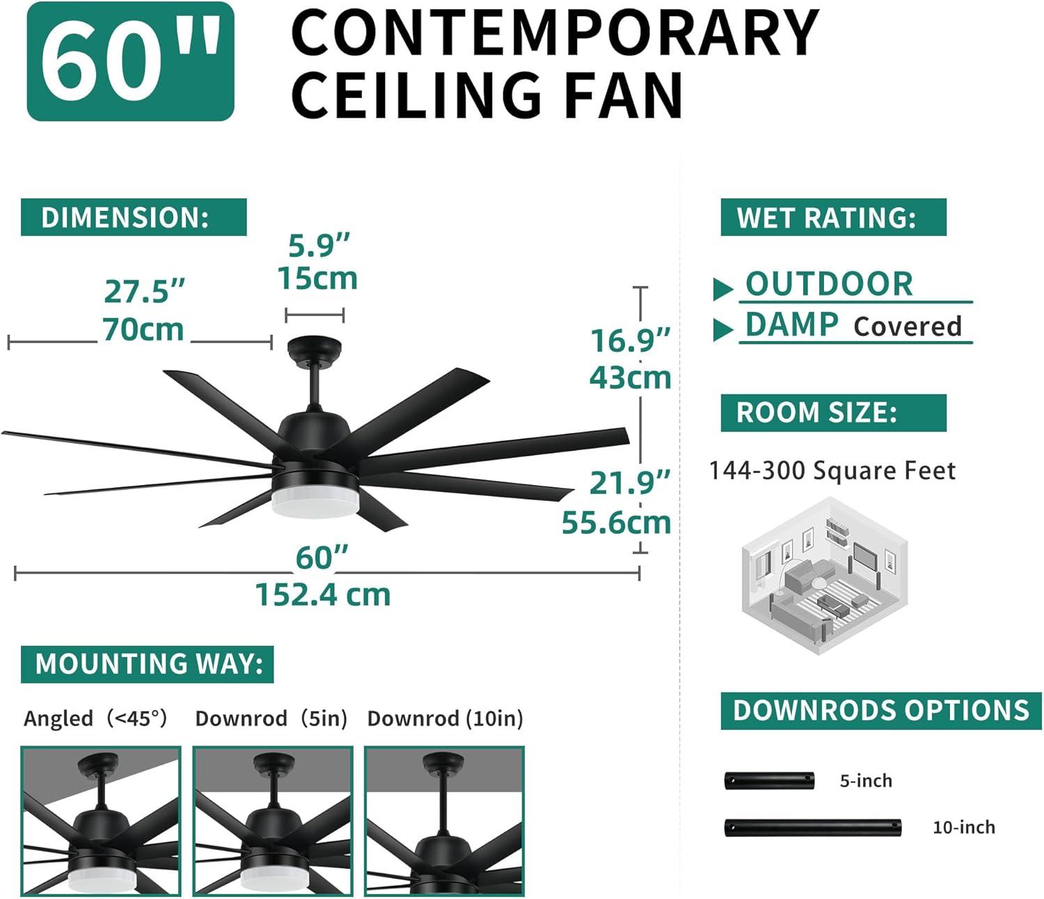 Modern Black 60-Inch Ceiling Fan with LED Light and Remote