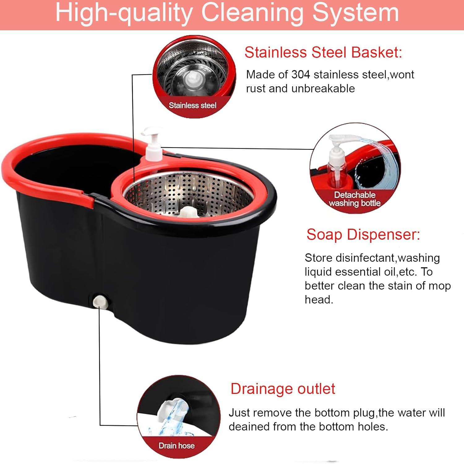 Spin Mop and Bucket with Wringer Set, 360° Spinning Mop Bucket System with 3 Microfiber Mop Replacement Heads, 61" Stainless Steel Extended Handle for Floor Cleaning Home Office