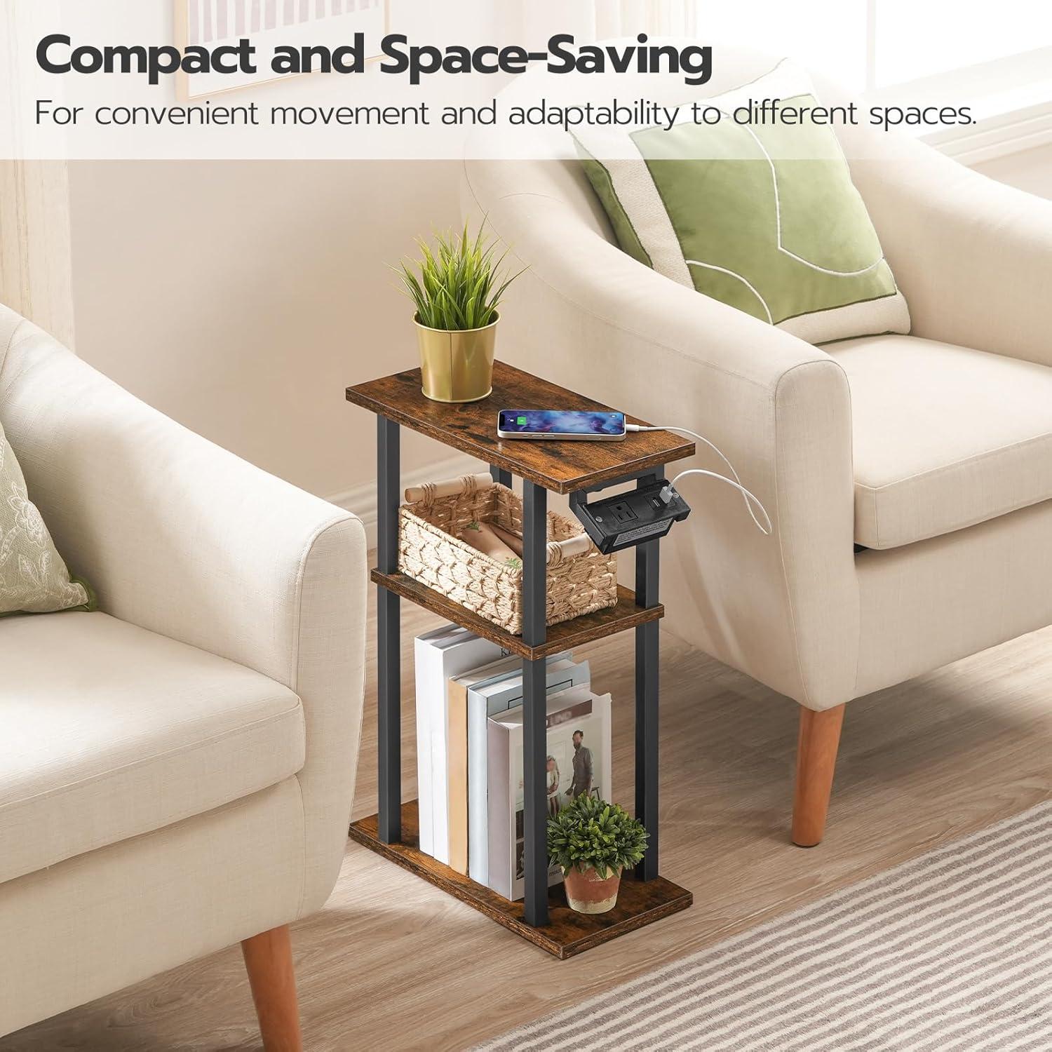 HOOBRO Small Narrow Side Table with Charging Station, Skinny End Table for Small Spaces, Slim Nightstand with USB Ports and Outlet, Sofa Beside Table on Wheels for Living Room BF122UBZ01