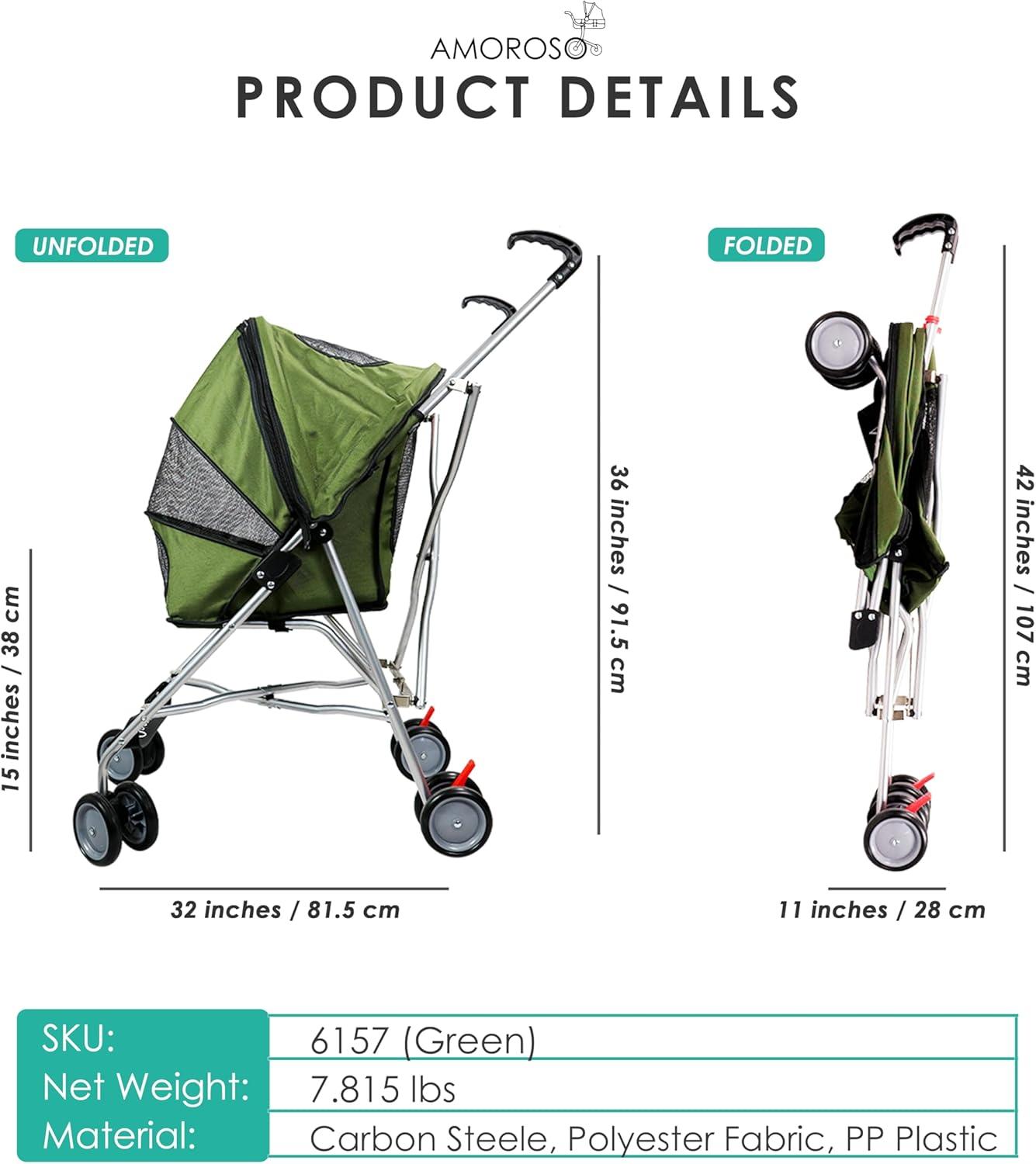 Green Foldable Metal Frame Pet Stroller with Mesh Window