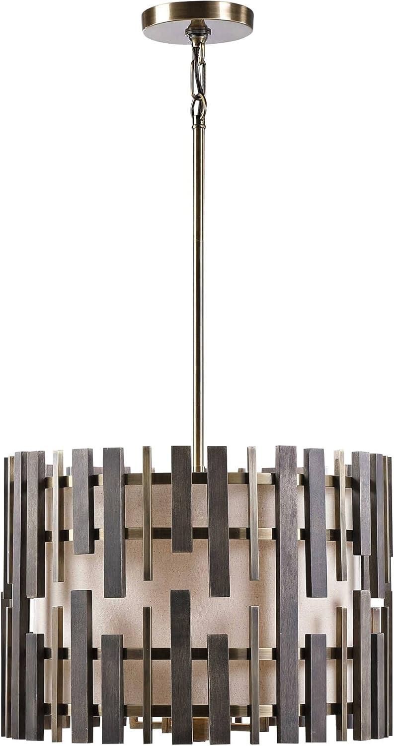 Kalizma Antique Brass 4-Light Drum Pendant with Cream Linen Shade
