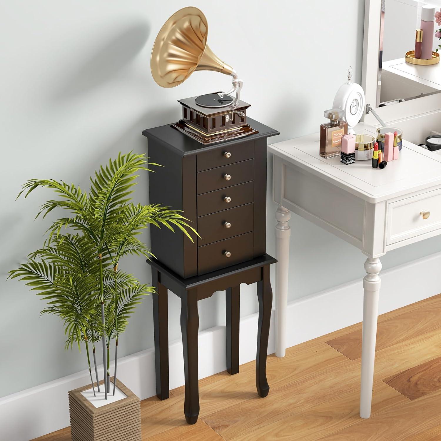Giantex Jewelry Cabinet Armoire with Top Mirror, 5 Drawers, 2 Swing Doors, Wooden Jewelry Treasure Storage Chest with Large Storage, Standing Jewelry Organizer (Black)