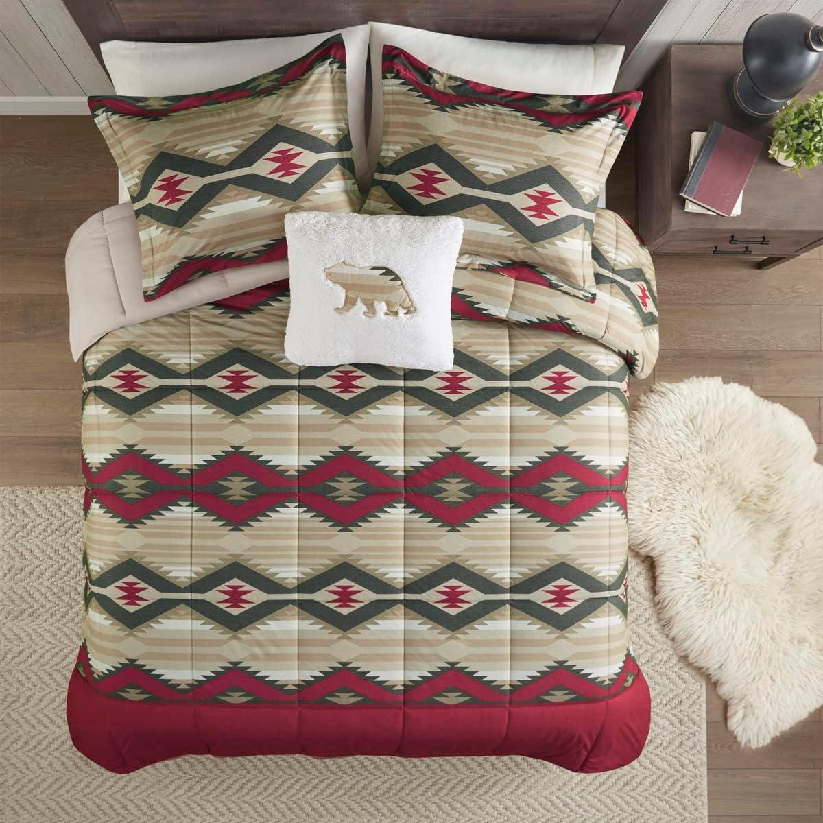 Woolrich Full/Queen Down Alternative Comforter Set with Decor Pillow 4-Piece Ultra Soft Southwestern Bedding Set, Red Southwestern print