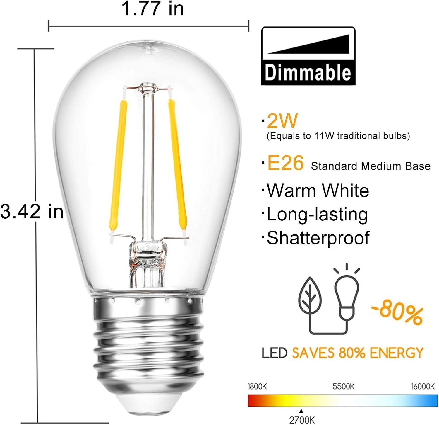 ROMANJOY 15Pack 2W S14 Replacement LED Bulbs, 2200K Warm White Waterproof Outdoor String Lights Vintage LED Filament Bulb, E26 Base Edison LED Light Bulbs