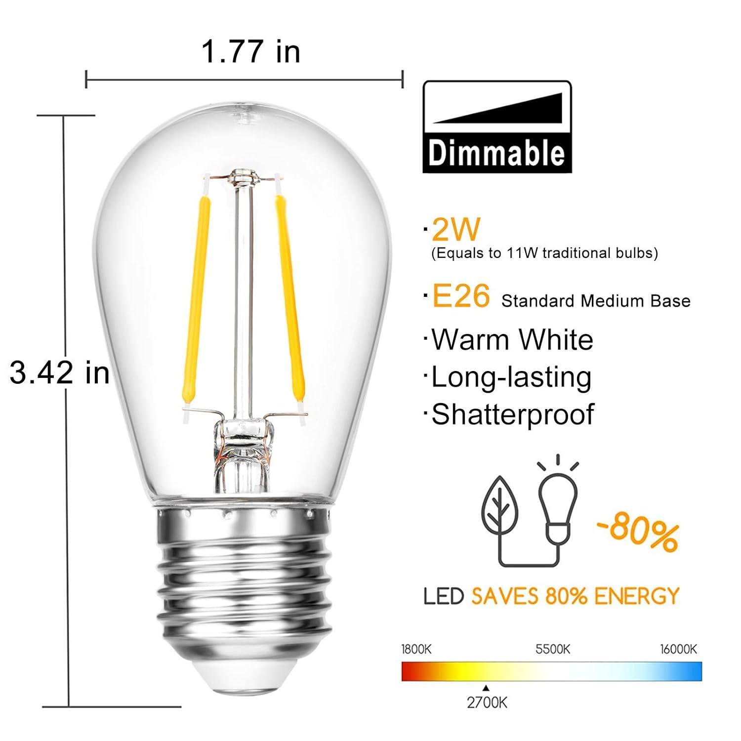 ROMANJOY 15Pack 2W S14 Replacement LED Bulbs, 2200K Warm White Waterproof Outdoor String Lights Vintage LED Filament Bulb, E26 Base Edison LED Light Bulbs