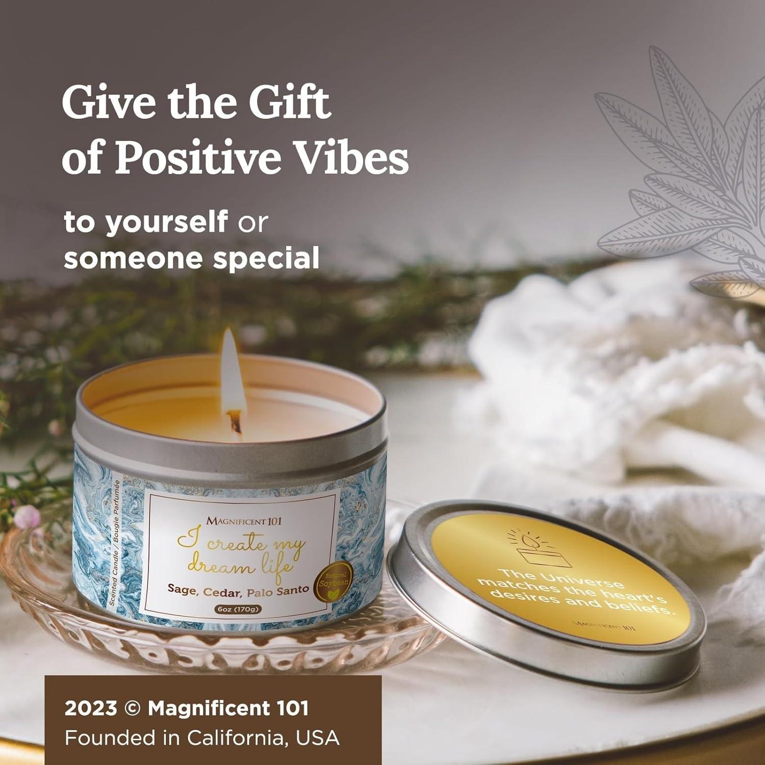 MAGNIFICENT 101 Affirmations Sage, Cedar, Palo Santo, Sprinkle of sage Leaves Smudge Candle for House Energy Cleansing, Banishes Negative Energy - Soy Wax Tin Candle (I Create My Dream Life)