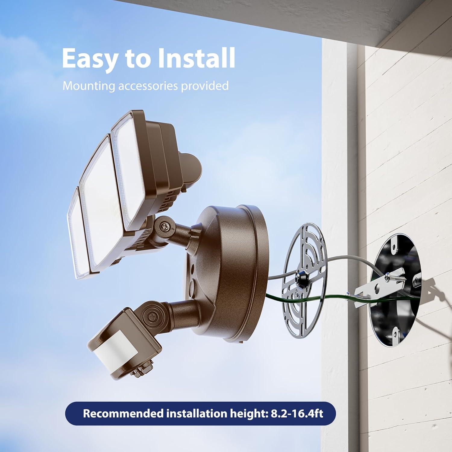 Onforu 65W LED Security Lights Motion Sensor Light Outdoor, 6500LM, 6500K, IP65 Waterproof, Flood Light Outdoor Motion Detector with Adjustable 3 Head, Hardwired Wall Light for Entryway, Yard (Brown)