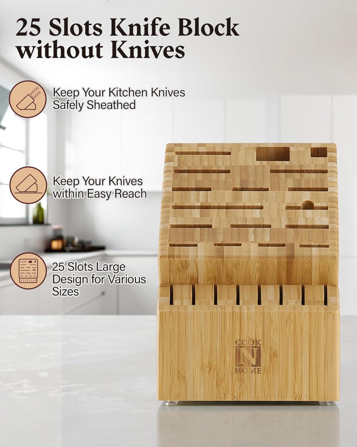 Cook N Home Bamboo Knife Storage Block without Knives, 25 Slots Universal Knife Holder Countertop Butcher Block Knife Stand for Easy Kitchen Storage