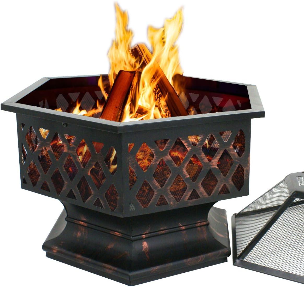 ZENY 24" Hexagon Wood Bronze Finish Steel Fire Pit