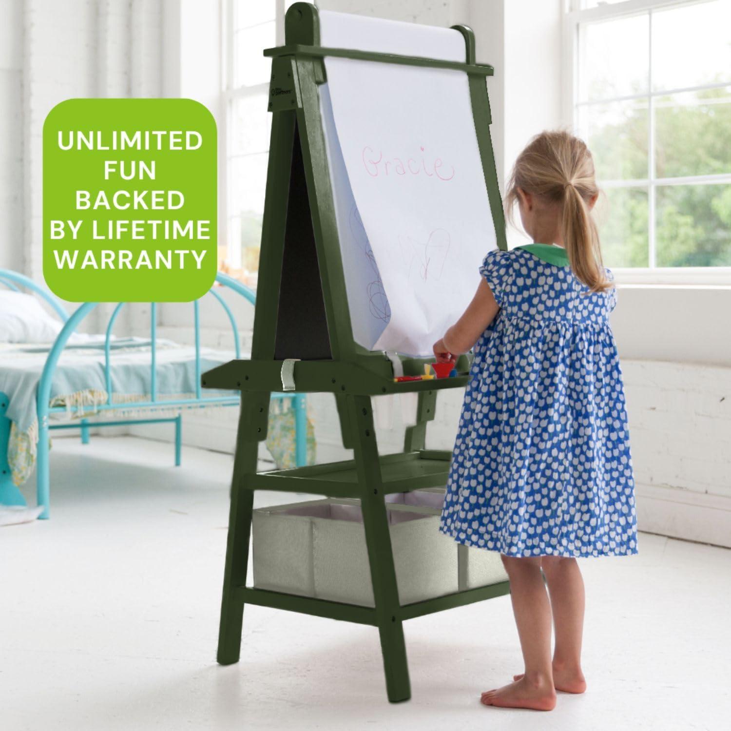 Olive Green Dual-Sided Magnetic Art Easel with Storage Bins