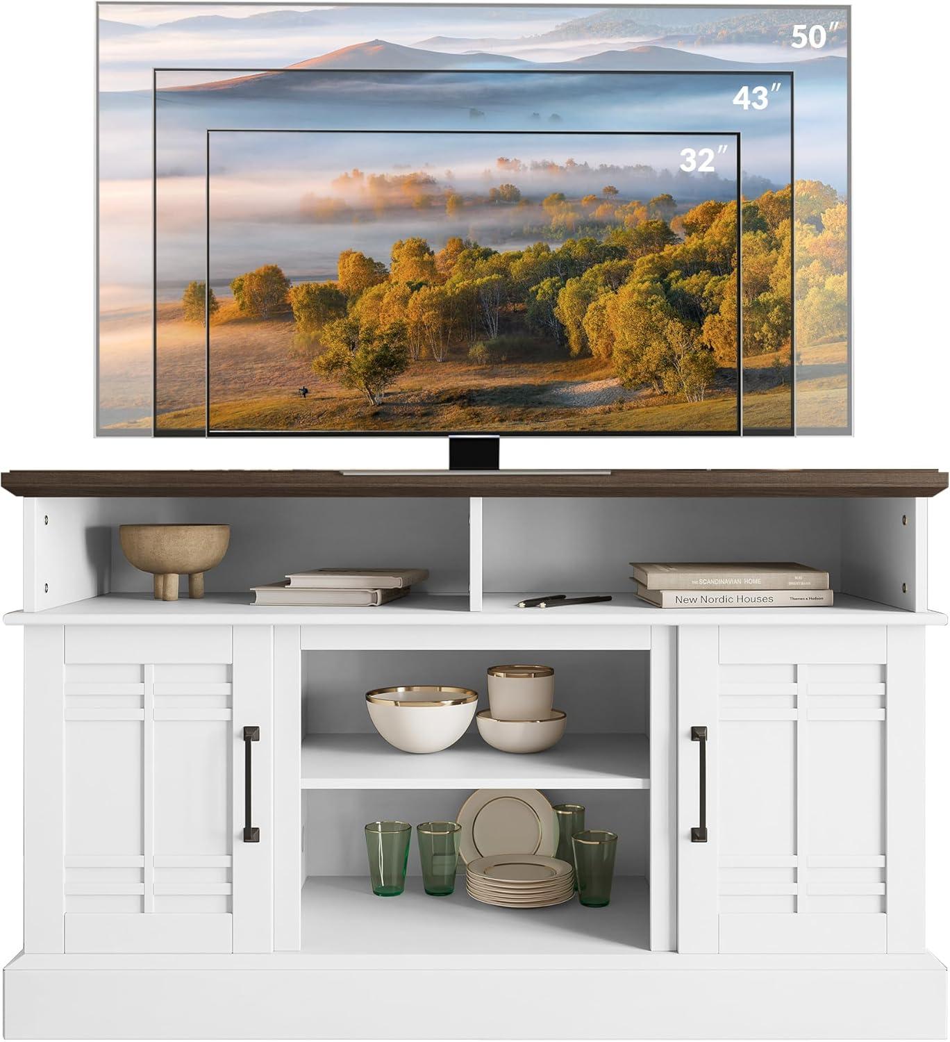 BELLEZE Modern 48" Farmhouse Wood TV Stand & Media Entertainment Center Console Table for TVs up to 50 Inch with Open Storage Shelves & Cabinets - Norrell (White)