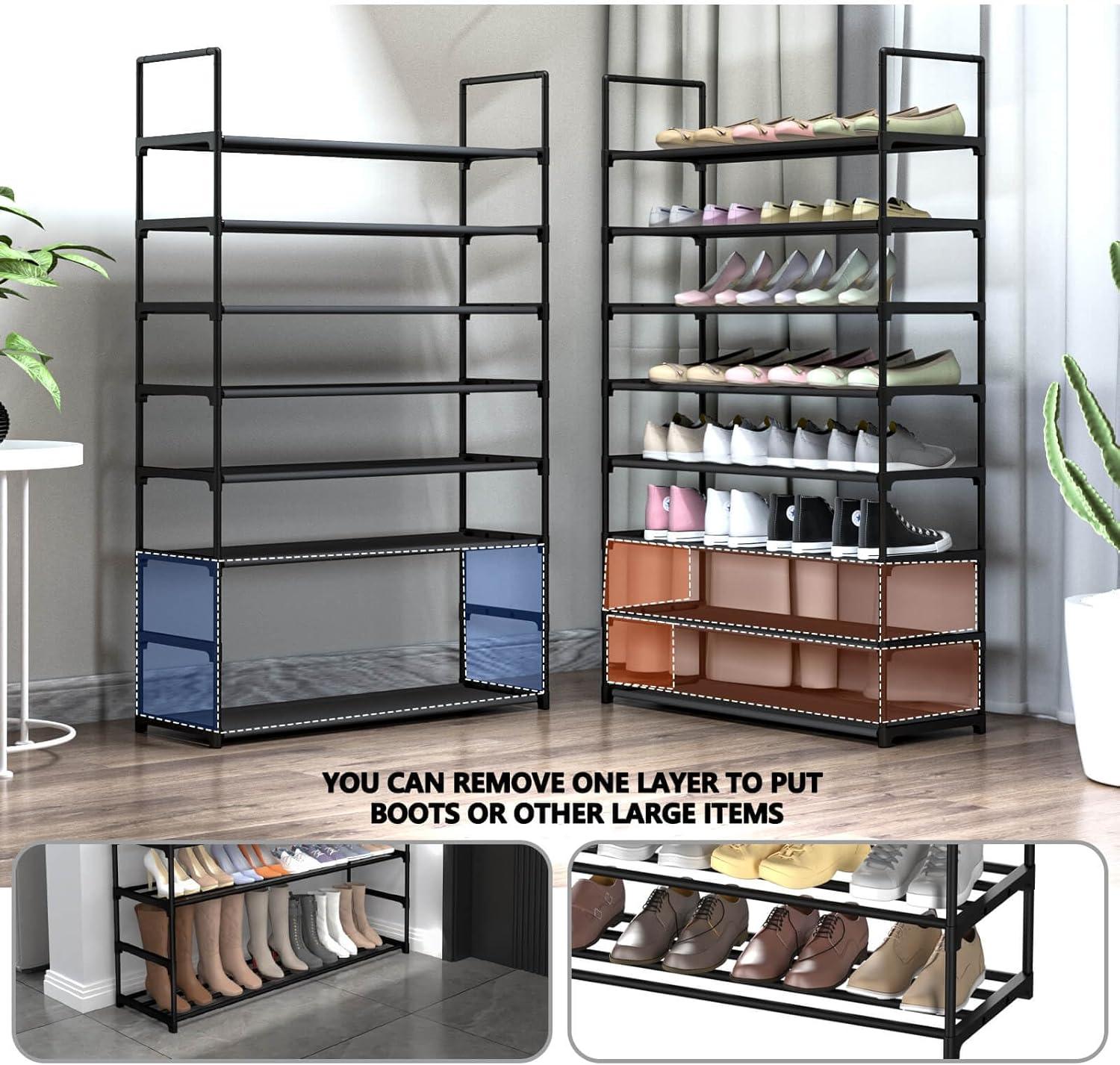 8-Tier Black Metal Stackable Shoe Rack with Hooks