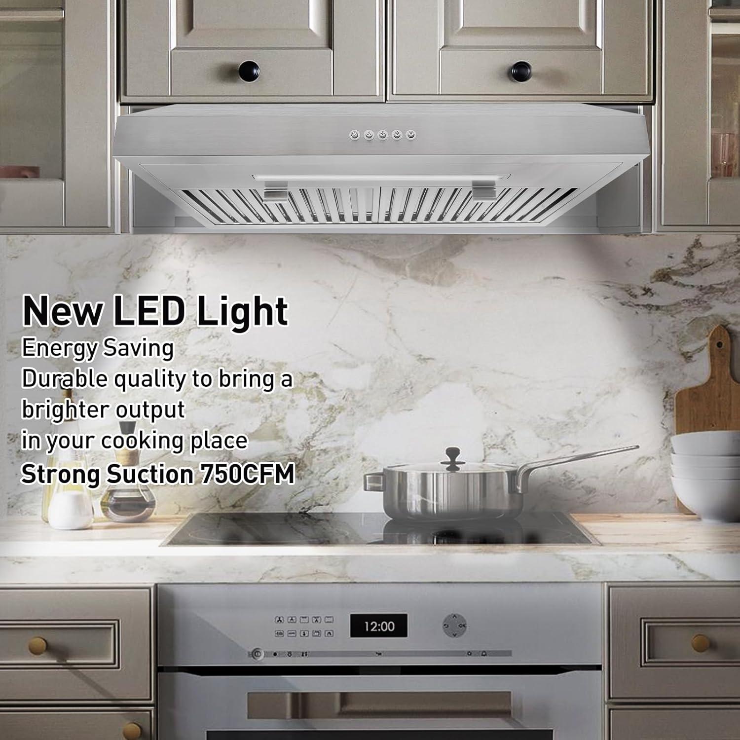 Vesta Charlotte 500cfm Under Cabinet Range Hood With 3 Levels Of Speed, Mechanical Buttons Control, Dishwasher Friendly Baffle Filters, Flexible Vent Connectors, Long LED Stripe