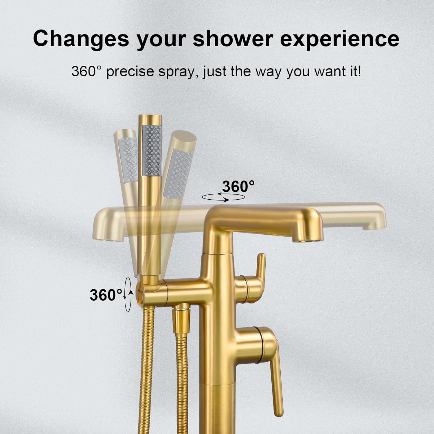 Brushed Gold Freestanding Tub Filler Faucet with Handheld Shower