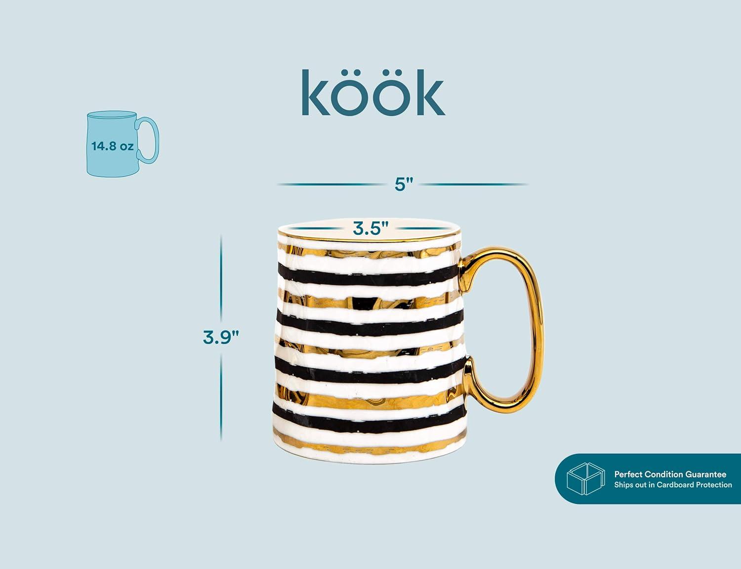 Kook Black and Gold Coffee Mugs, 14.8 oz, Set of 2