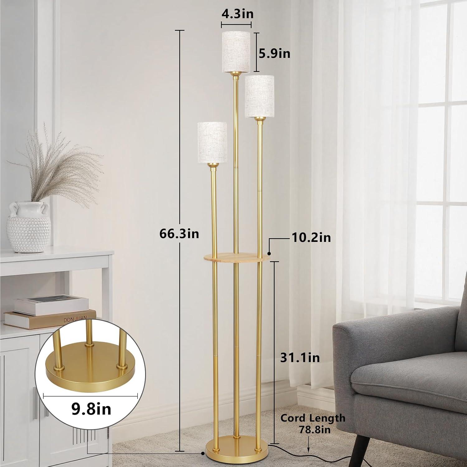 Floor Lamps for Living Room, 3-Lights Modern Floor Lamp with Shelves, Gold Standing Lamp with Fabric Shade and Foot Switch, Shelf Standing Lamps with Table, Tall Table Lamps for Bedroom Office