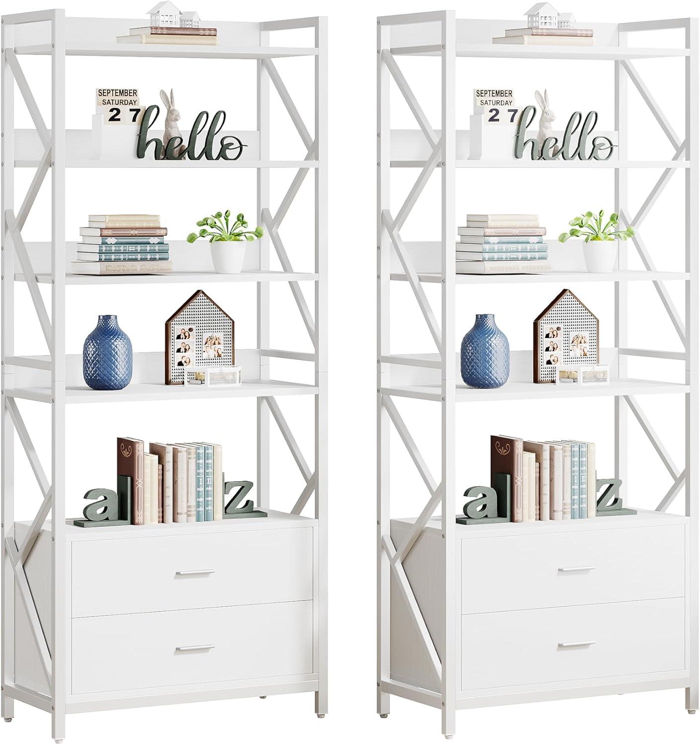 White Industrial 5-Tier Bookshelf with Drawers