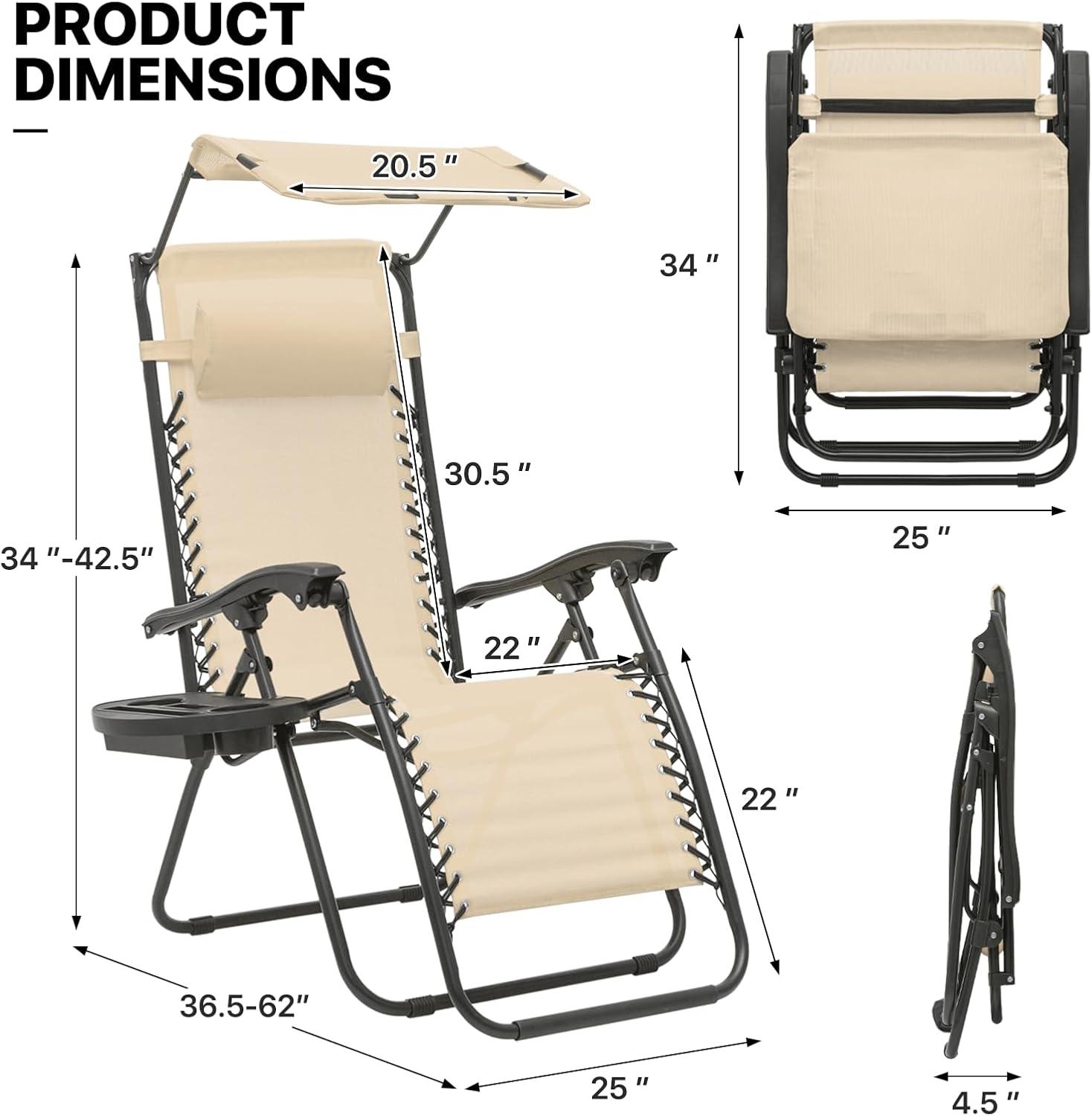 MoNiBloom Zero Gravity Chairs, Folding Outdoor Patio Beach Recliner with Canopy Shade & Headrest, Cream