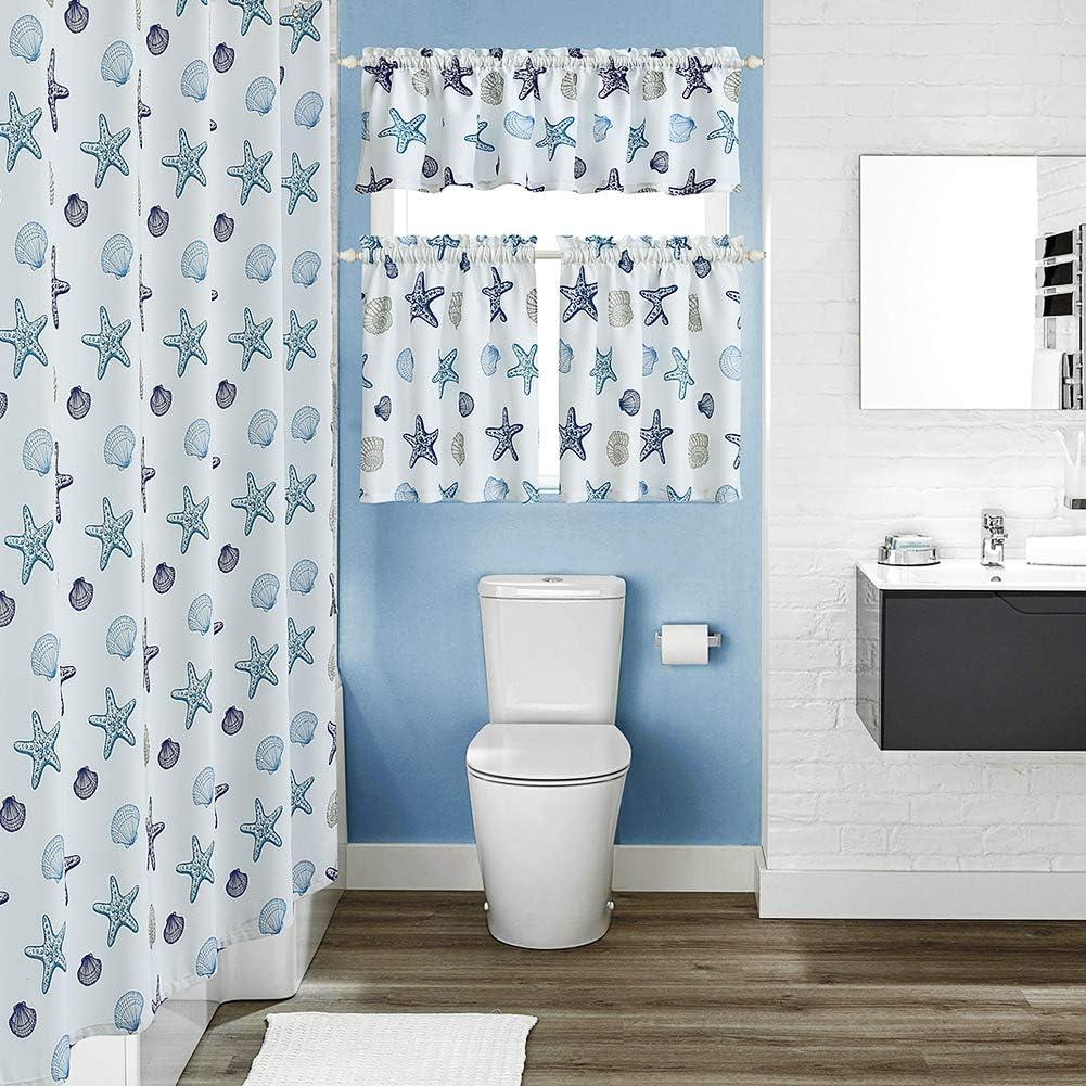 Tier Curtains for Kitchen Windows Starfish café Curtains, 1 Pair 27" x 36" Multi-Color Seashell Conch Printed Half Window Curtain Set for Bathroom Rod Pocket, Blue