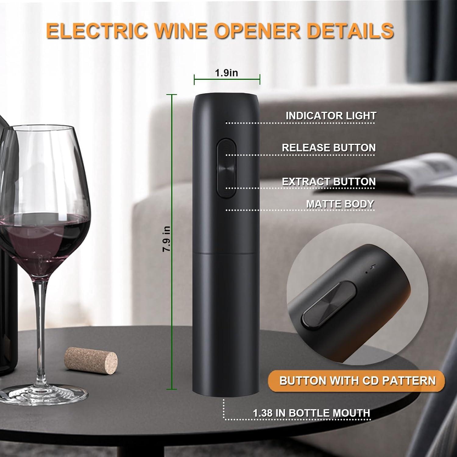 Rechargeable Electric Wine Opener, 5 in 1 set with Automatic Electric Wine Bottle Corkscrew Opener, Foil Cutter, Vacuum Stopper, Wine Pourer and Storage Charging Stand
