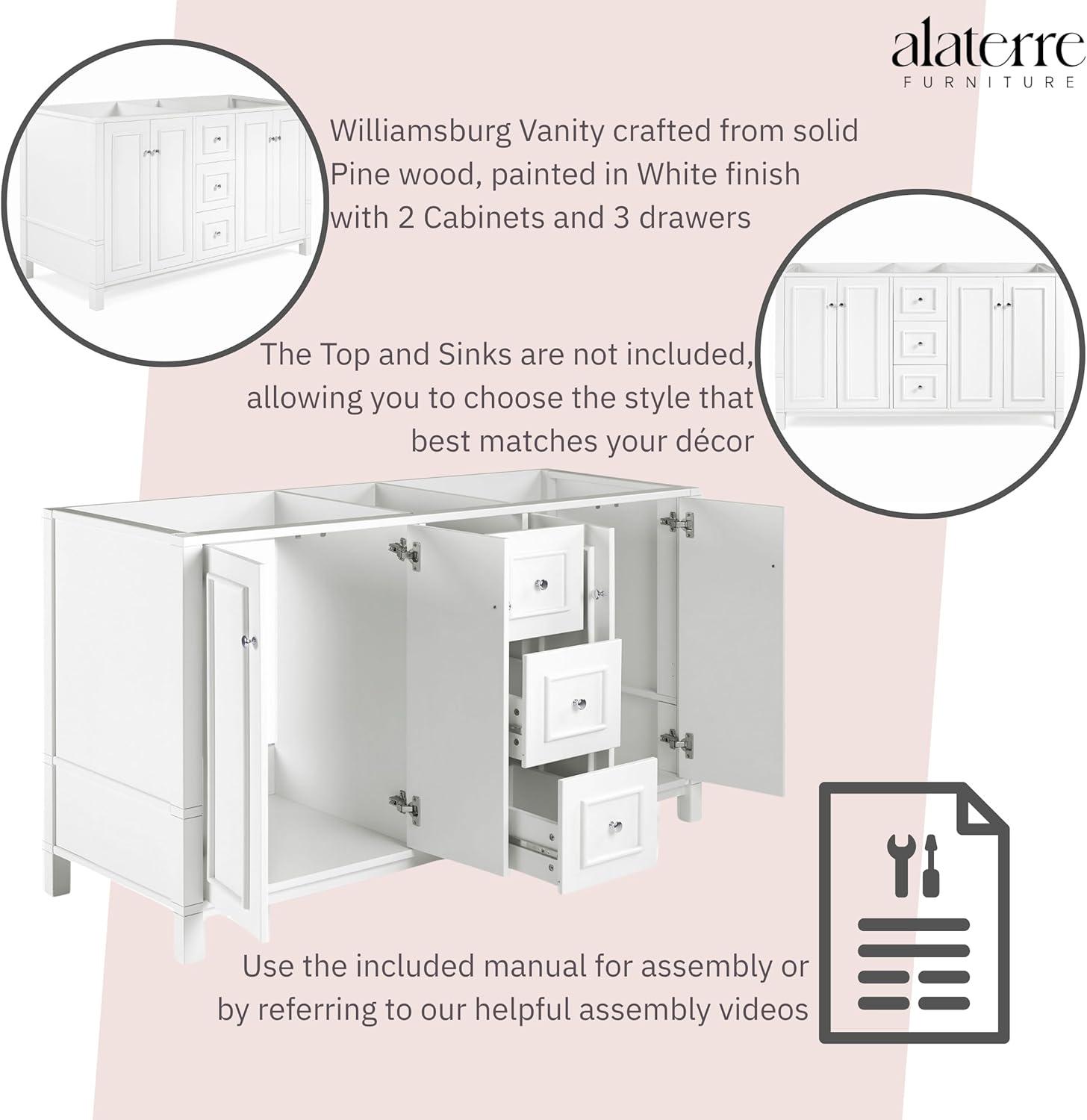 Alaterre Furniture Williamsburg 60"W White Wood Vanity Cabinet Only
