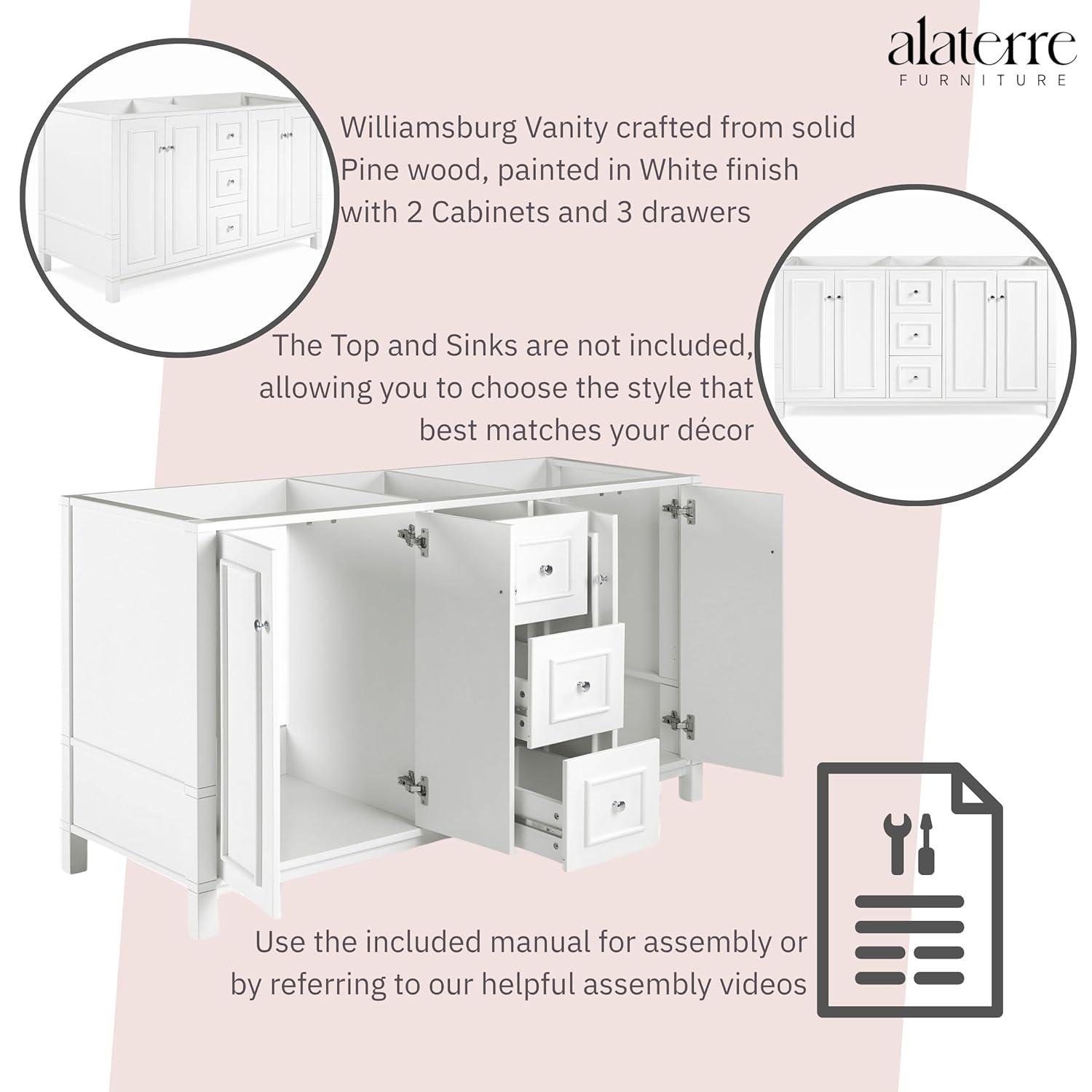 Alaterre Furniture Williamsburg 60"W White Wood Vanity Cabinet Only