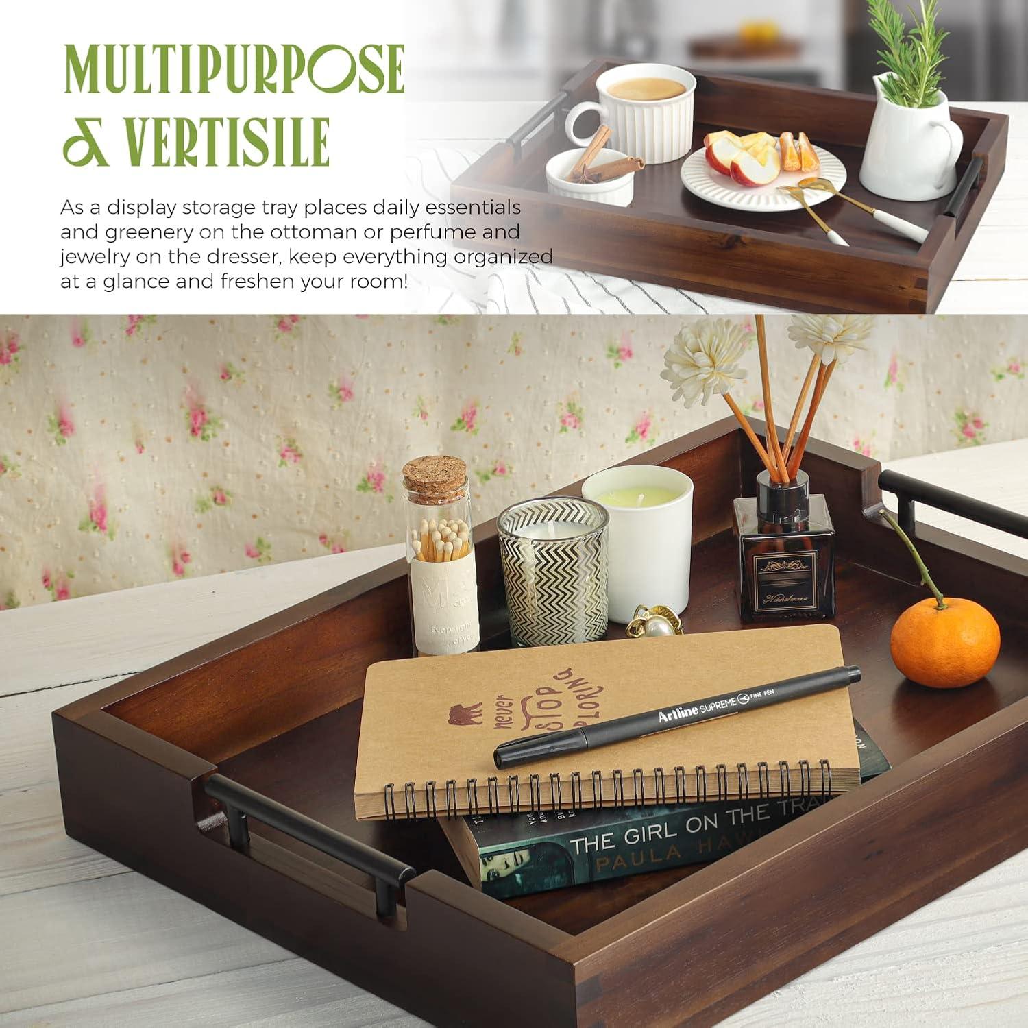 Ottoman Tray, 16.5"x12.5"x2.5" Acacia Wood Serving Tray with Black Metal Handles, Great for Ottoman Tray, Food Tray, Breakfast Tray, Eating Tray