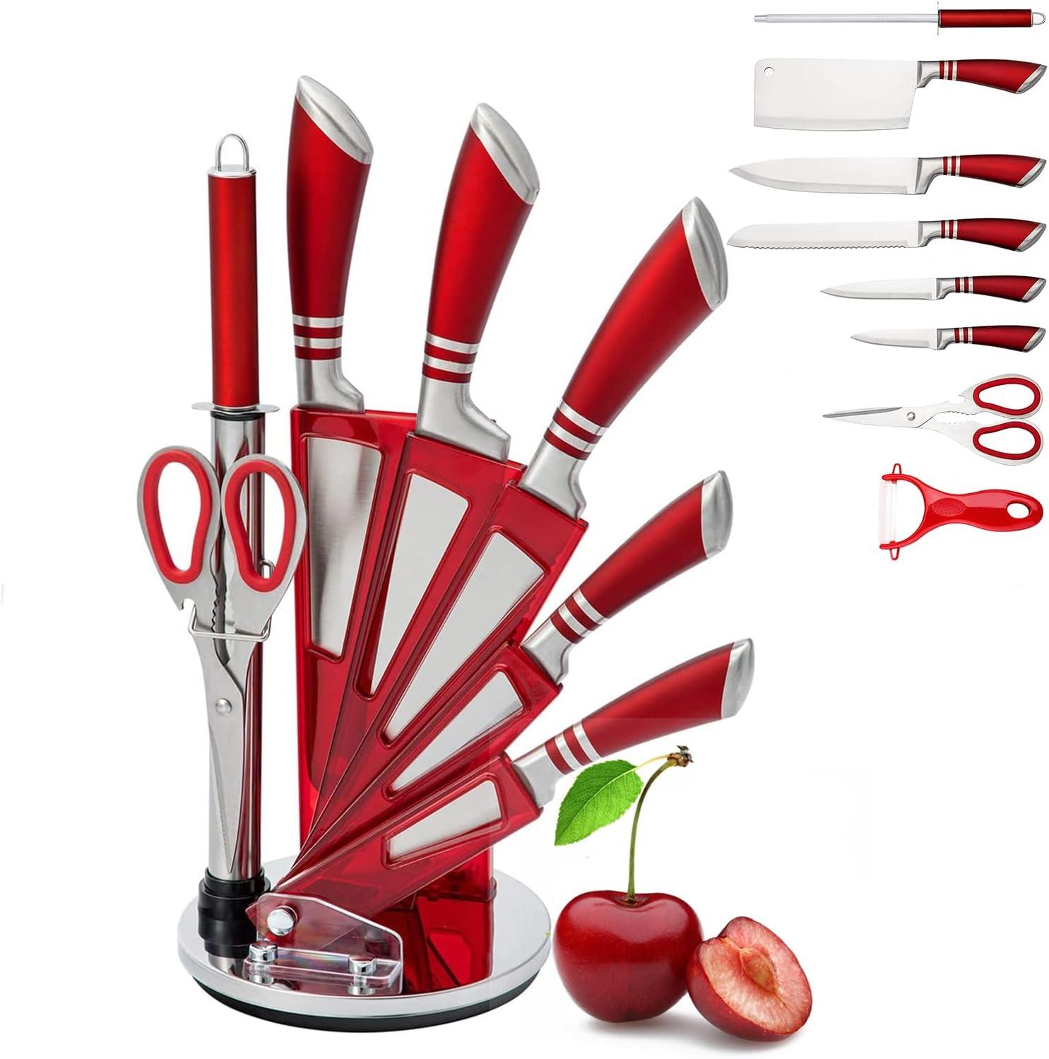 Kitchen Knife Set, 9-Pieces Red Coated Knife Block Set, Stainless Steel Chef knife Set with Sharpener Peeler Scissors, Sharp Non-Stick Knives Set with Rotatable Holder for Cutting Slicing Dicing