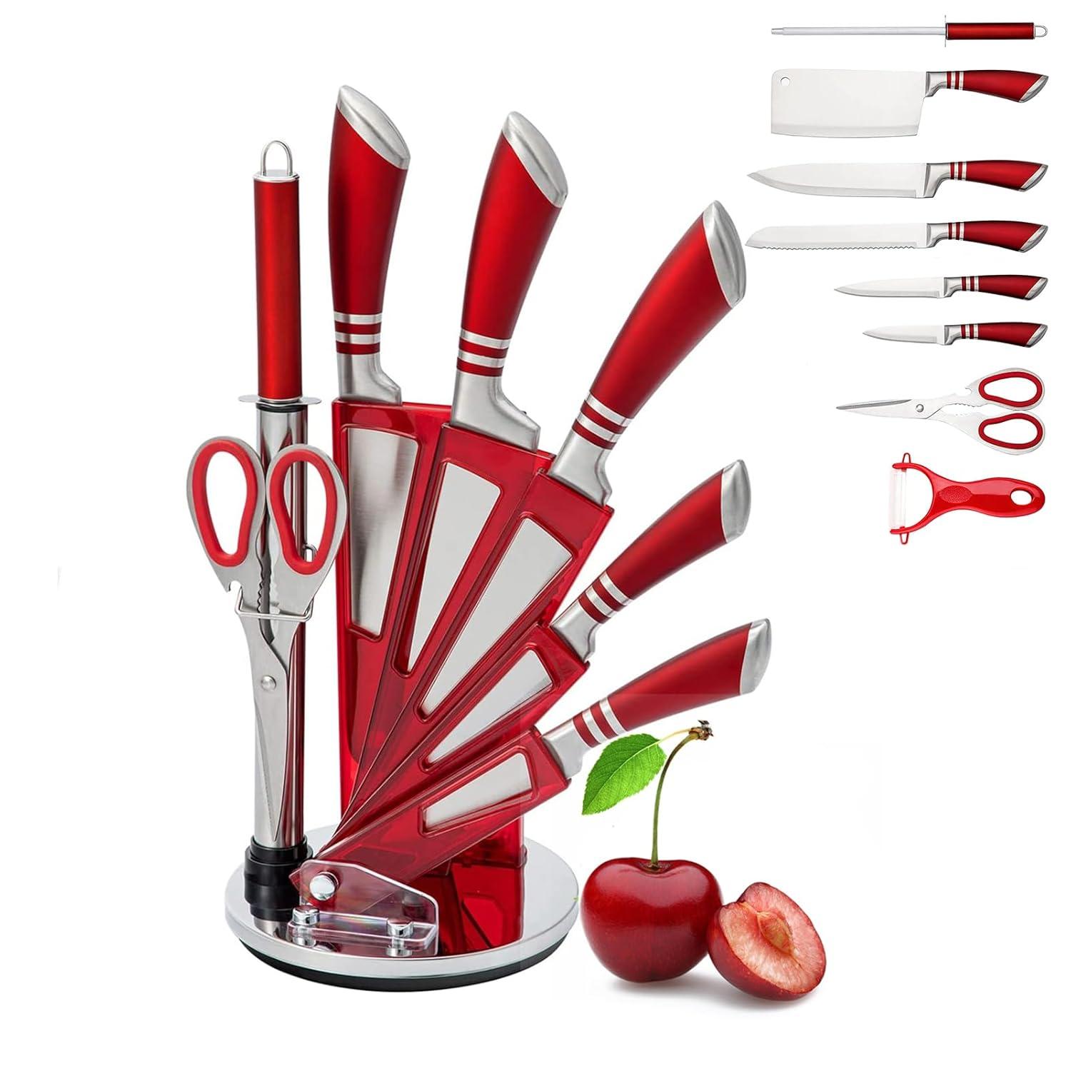 Kitchen Knife Set, 9-Pieces Red Coated Knife Block Set, Stainless Steel Chef knife Set with Sharpener Peeler Scissors, Sharp Non-Stick Knives Set with Rotatable Holder for Cutting Slicing Dicing