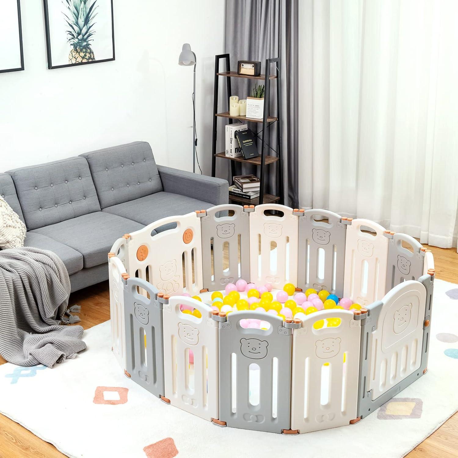 Costway Foldable Baby Playpen 14 Panels Kids Activity Play Yard Anti-slip Suction Cups Upgraded Safety Lock Safety Play Center for Babies & Toddlers