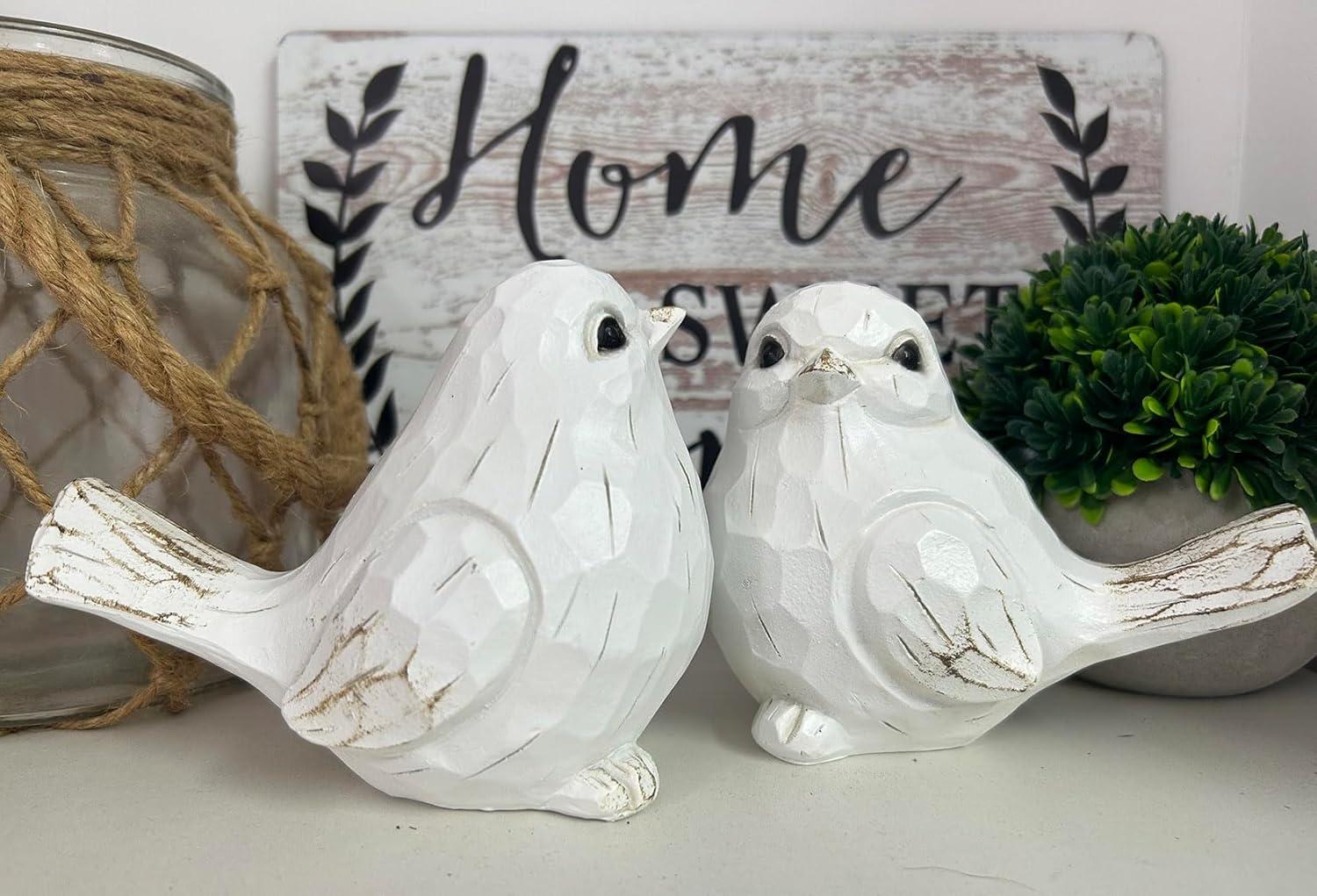 Farmhouse Bird Decor Resin Bird Figurines - Set of 2, Vintage & Modern Bird Decor Statue for Home Decor Accents, Cottage Bird Ornaments Decoration New White Carved Rustic Bird Figurine