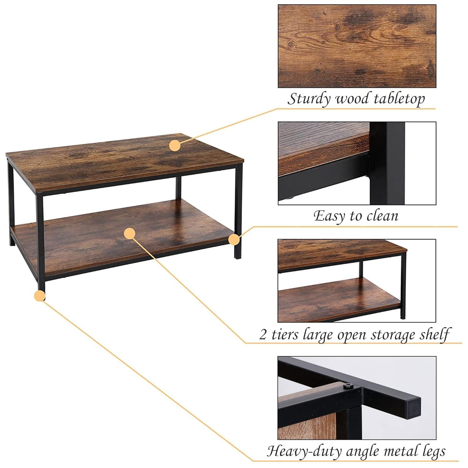 SUPER DEAL 2-Tier Industrial Coffee Table with Storage Shelf for Small Apartment Living Room, Rectangle Wood and Stable Metal TV Stand Side End Table, Rustic Brown