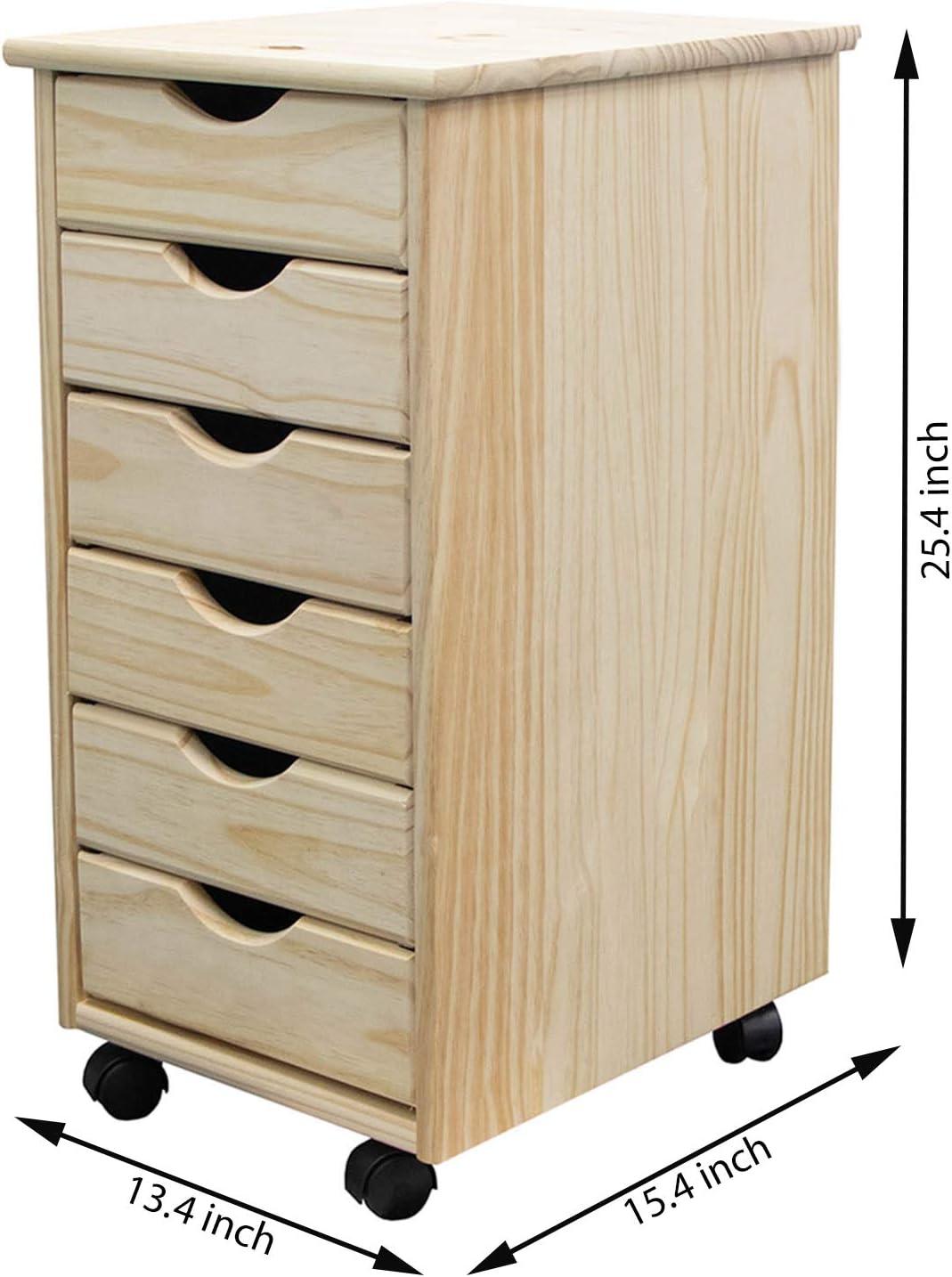 Unfinished Solid Wood 6-Drawer Rolling Storage Cart