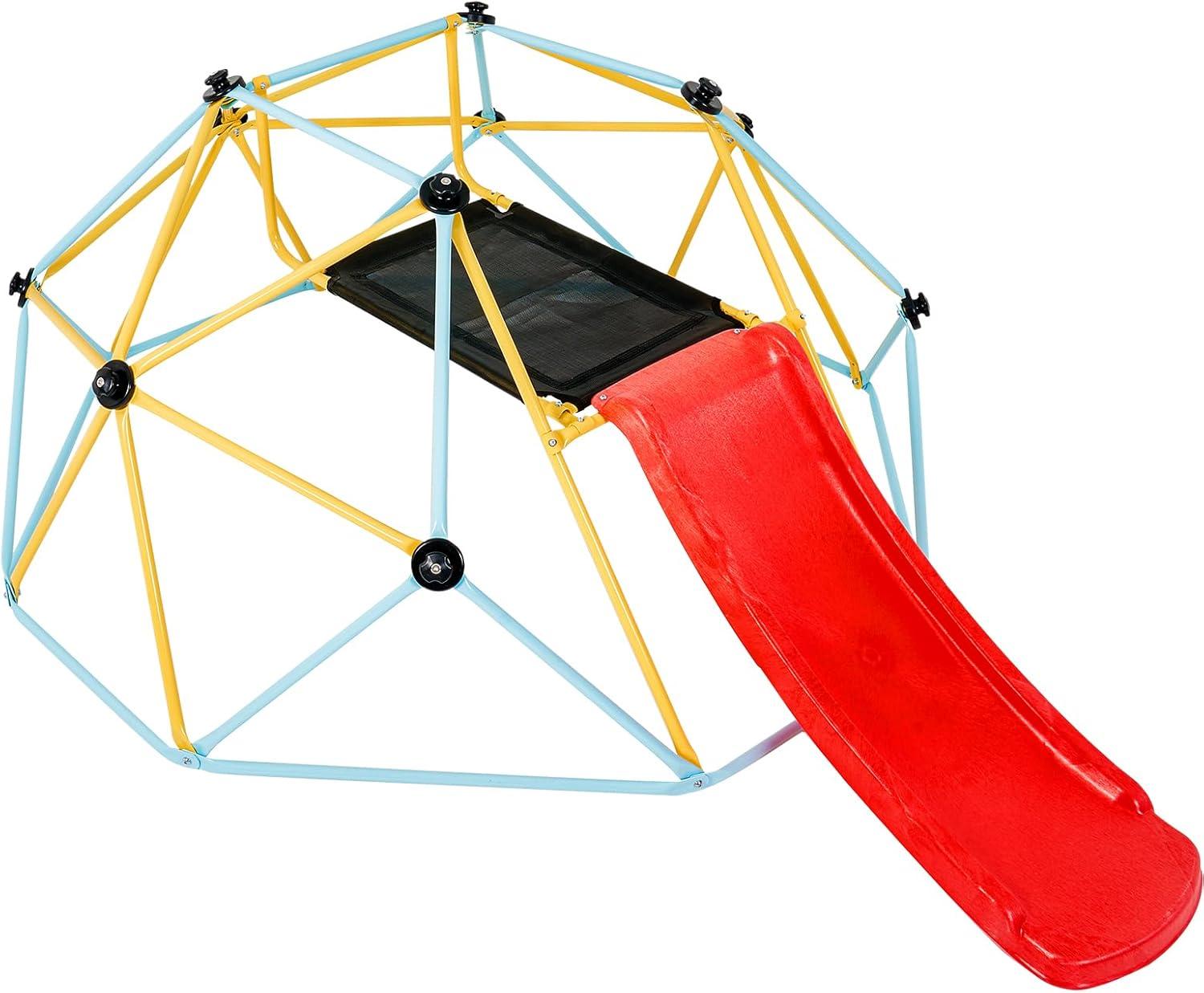 8FT Geometric Dome Climber with Red Slide and Steel Frame