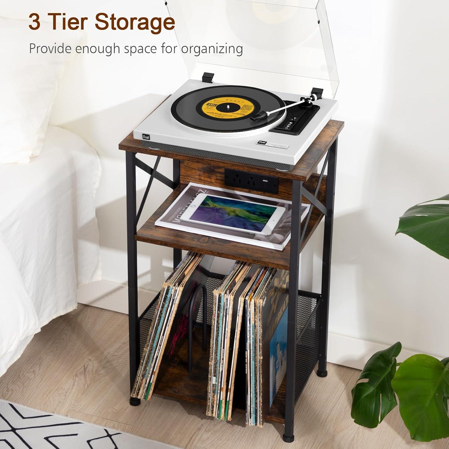 Record Player Stand with Charging Station, Turntable Stand with Storage Cabinet, 3 Tier End Table Hold Up to 100 Albums, Record Stand for Vinyl, Living Room, Rustic Brown