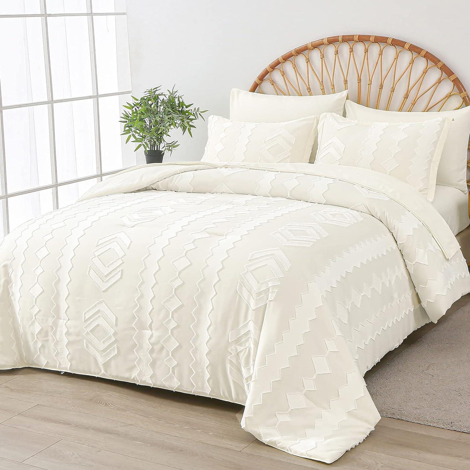 EVERGRACE King Size Comforter Set 7 Pieces Bed in a Bag for College Dorm, White Tufted Shabby Chic Boho Comforter and Sheet Set with Pom Pom Textured, Soft Fluffy Farmhouse Complete Bedding Set