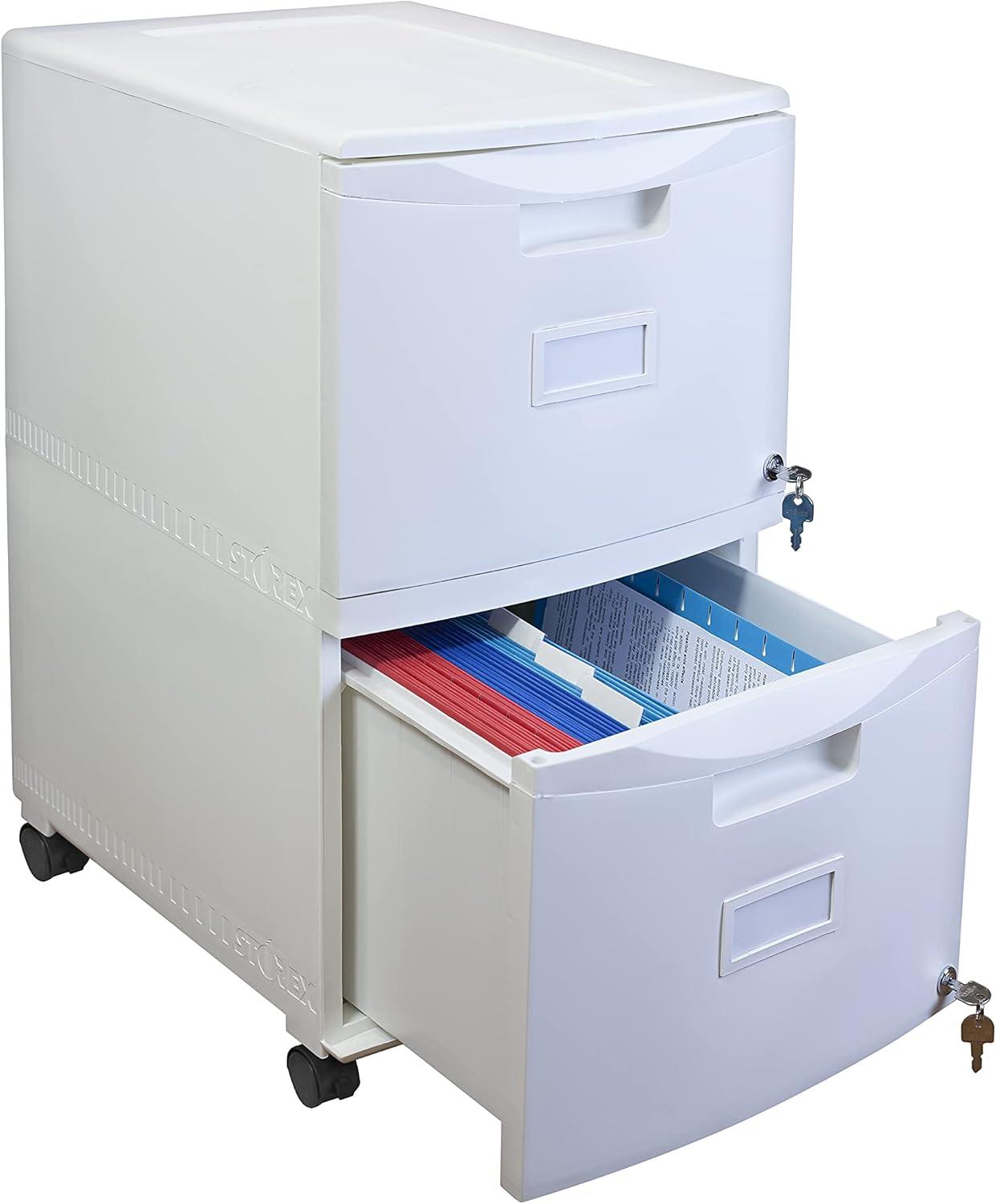 Storex Plastic 14-3/4"W x 18-1/4"D Lateral Mobile File Cabinet, 2-Drawer, White