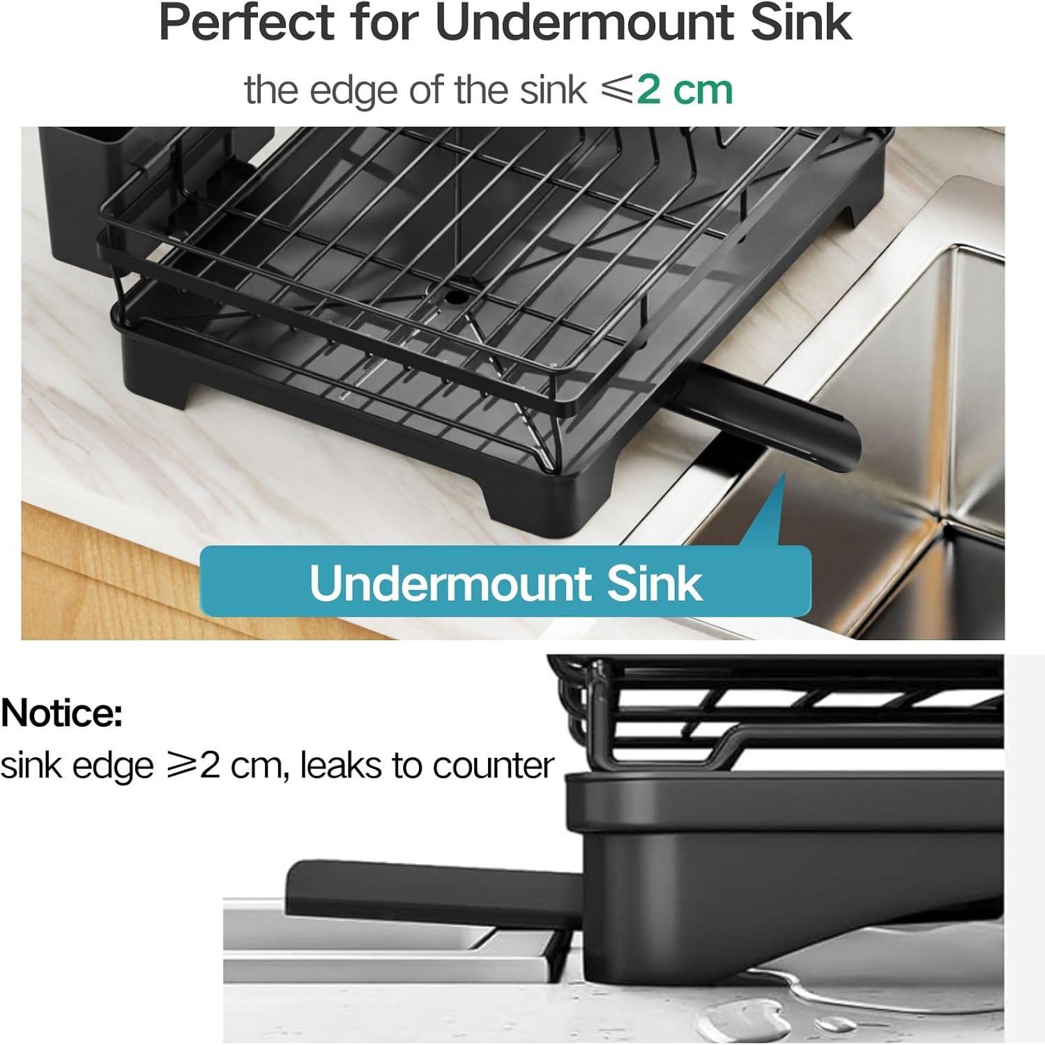 Dish Drying Rack - Expandable Dish Rack for Kitchen Counter, Stainless Steel Dish Drainer with Drainboard Set and Utensil Holder, Sink Drying Dish Strainer Rack (Black)