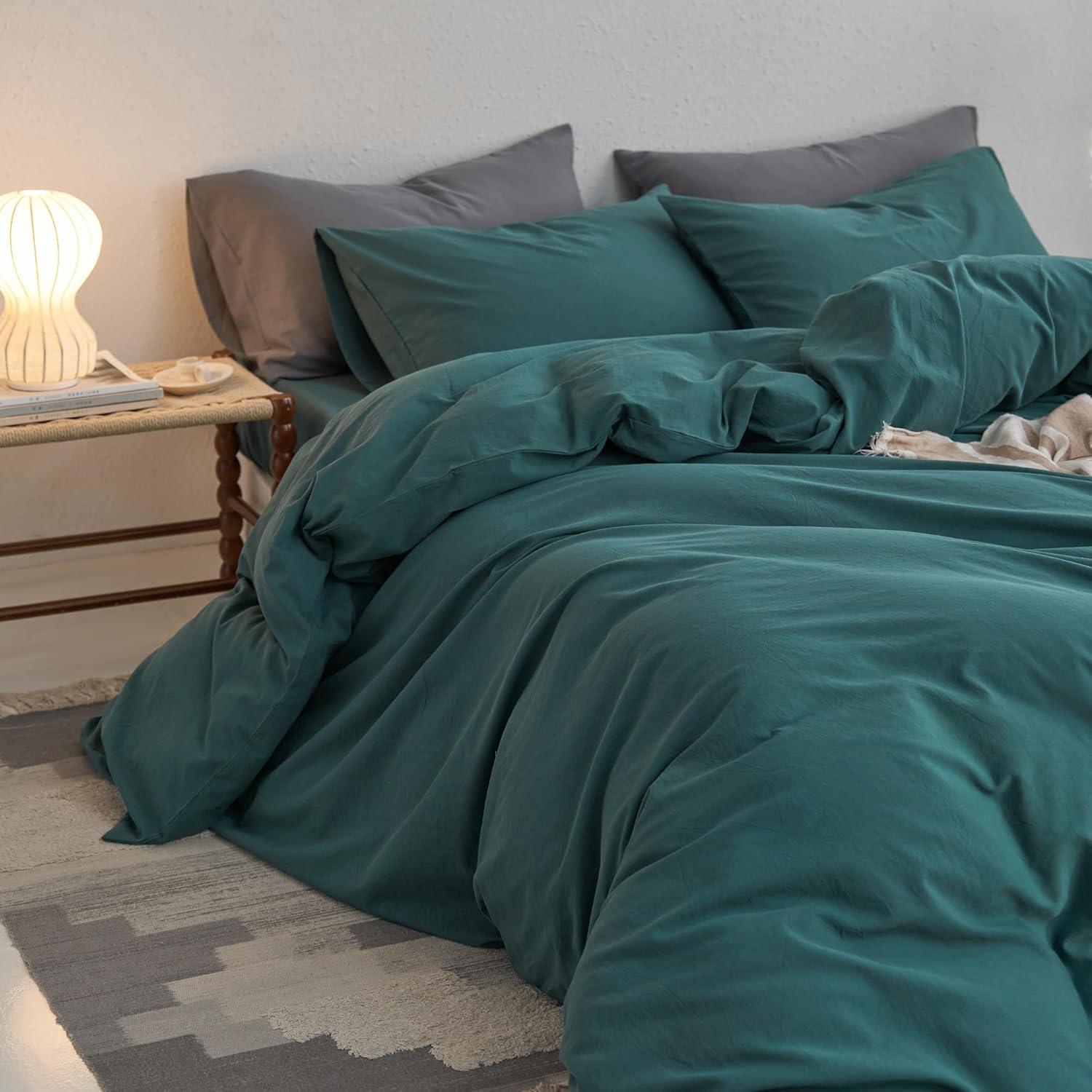 MOOMEE 100% Washed Cotton Linen Like Textured Duvet Cover Set