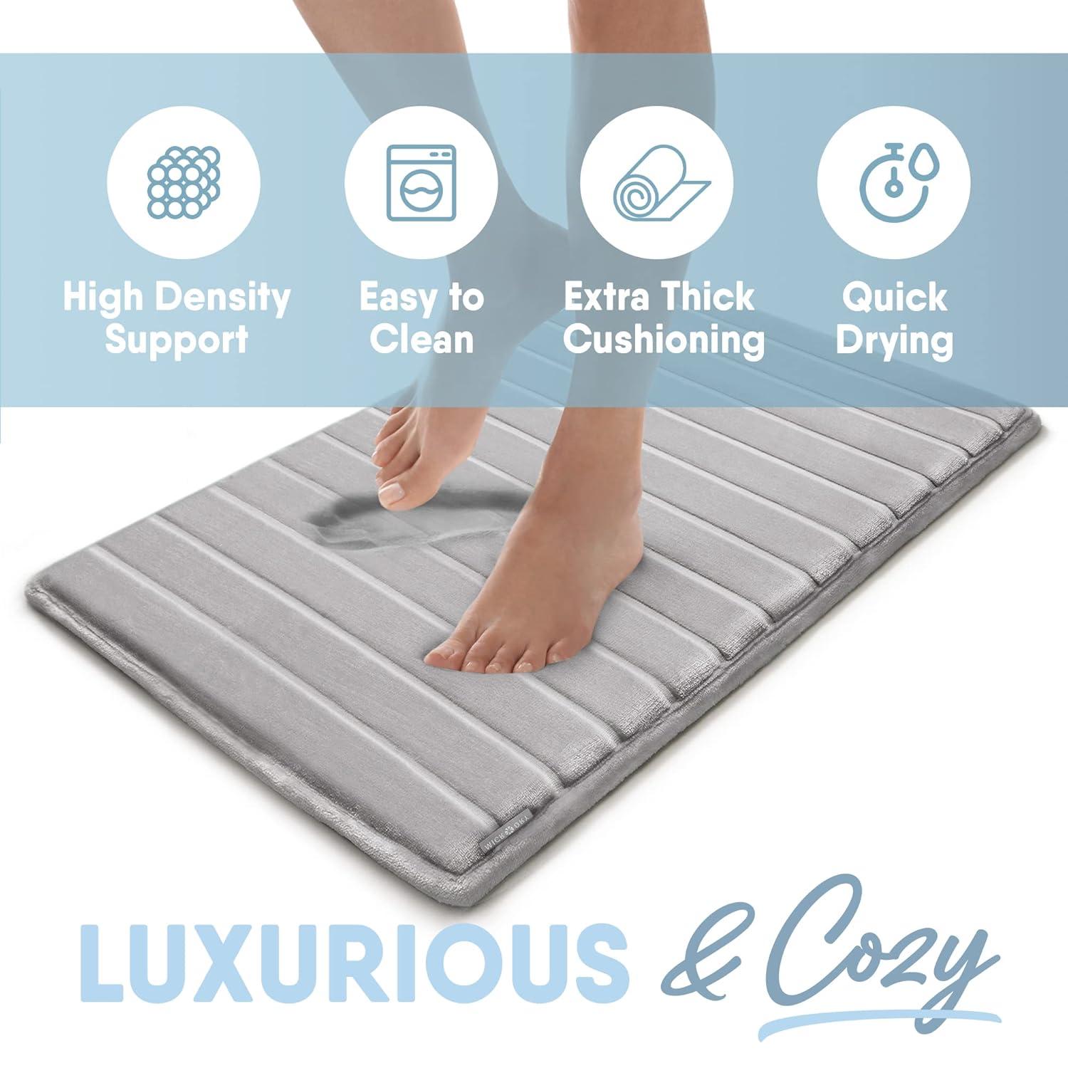 17"x24" MICRODRY SoftLux Quilted Striped Memory Foam Bath Rug/Runner with Skid Resistant Base Light Gray: Machine Washable, Plush Polyester